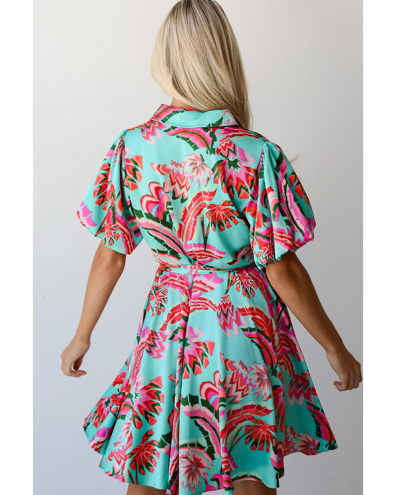 Green Abstract Print Lace-up High Waist Buttoned Mini Dress - XL