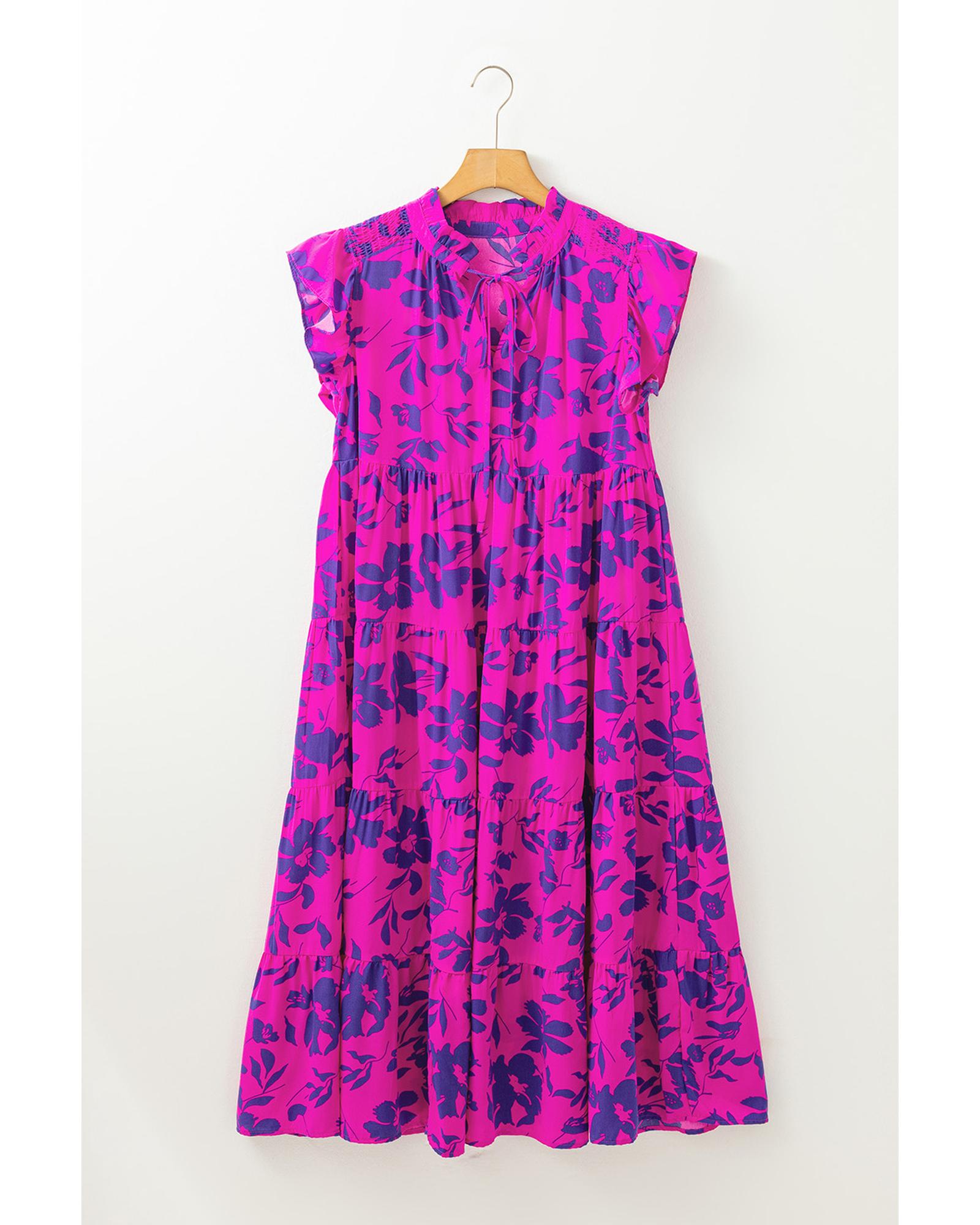 Rose Floral Print Tiered Frilled Trim Flutter Sleeve Maxi Dress - S