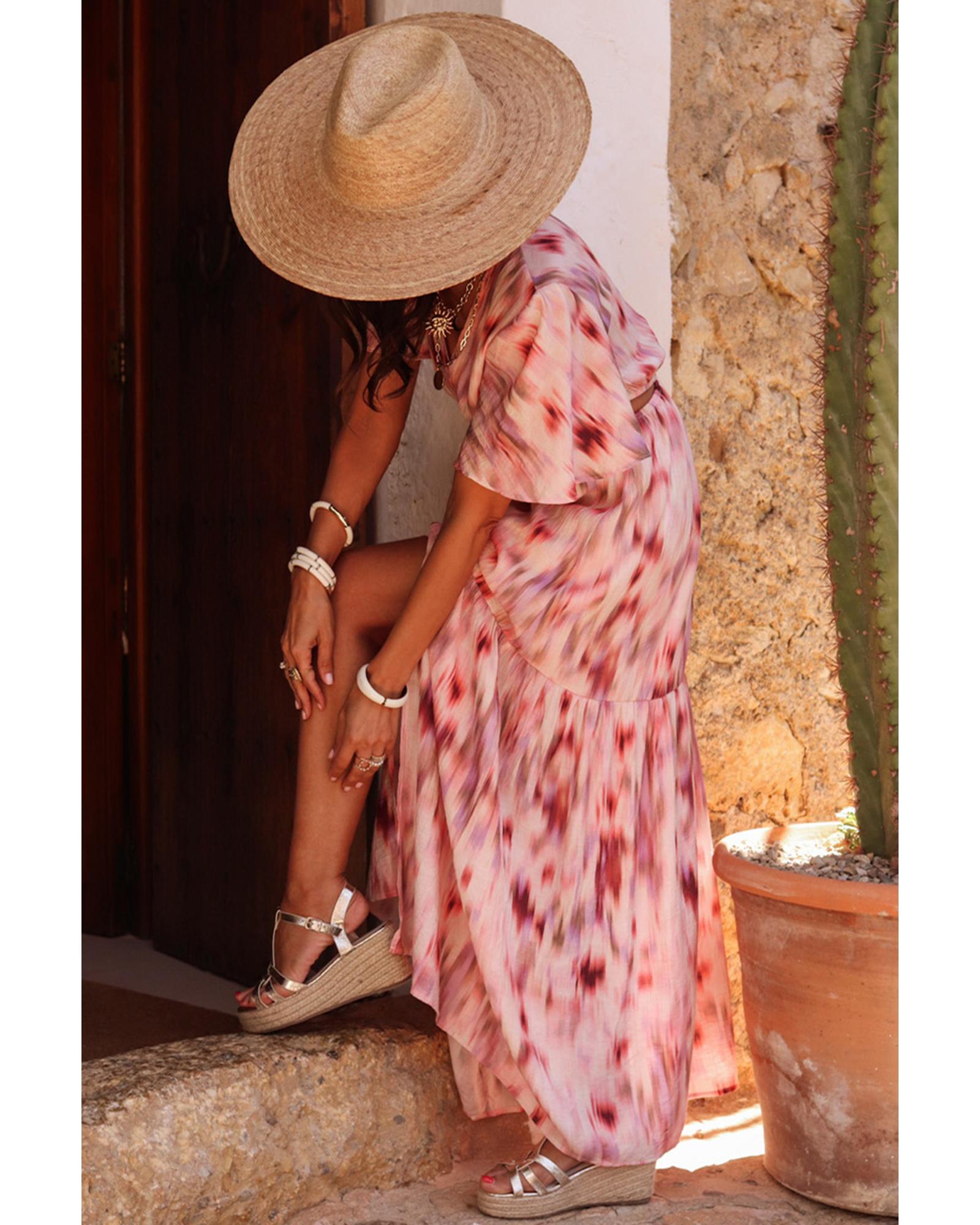 Pink Abstract Printed Flutter Sleeve Daring Cutout Long Dress - M