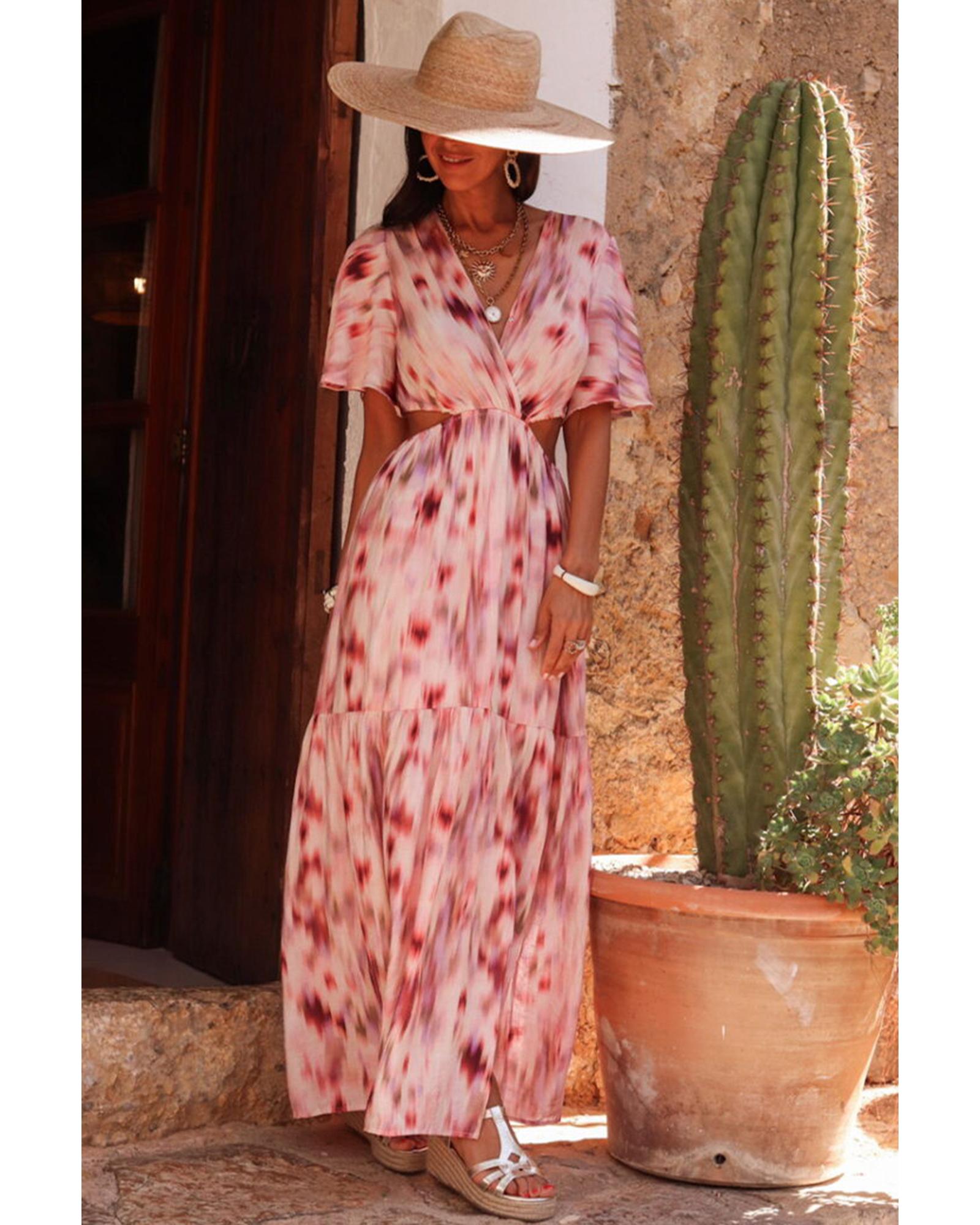 Pink Abstract Printed Flutter Sleeve Daring Cutout Long Dress - M