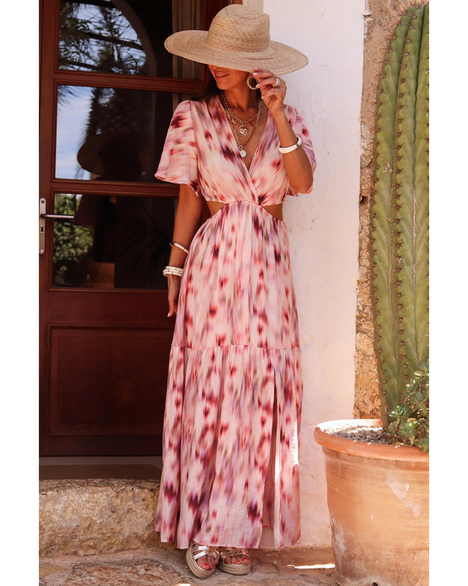 Pink Abstract Printed Flutter Sleeve Daring Cutout Long Dress - M