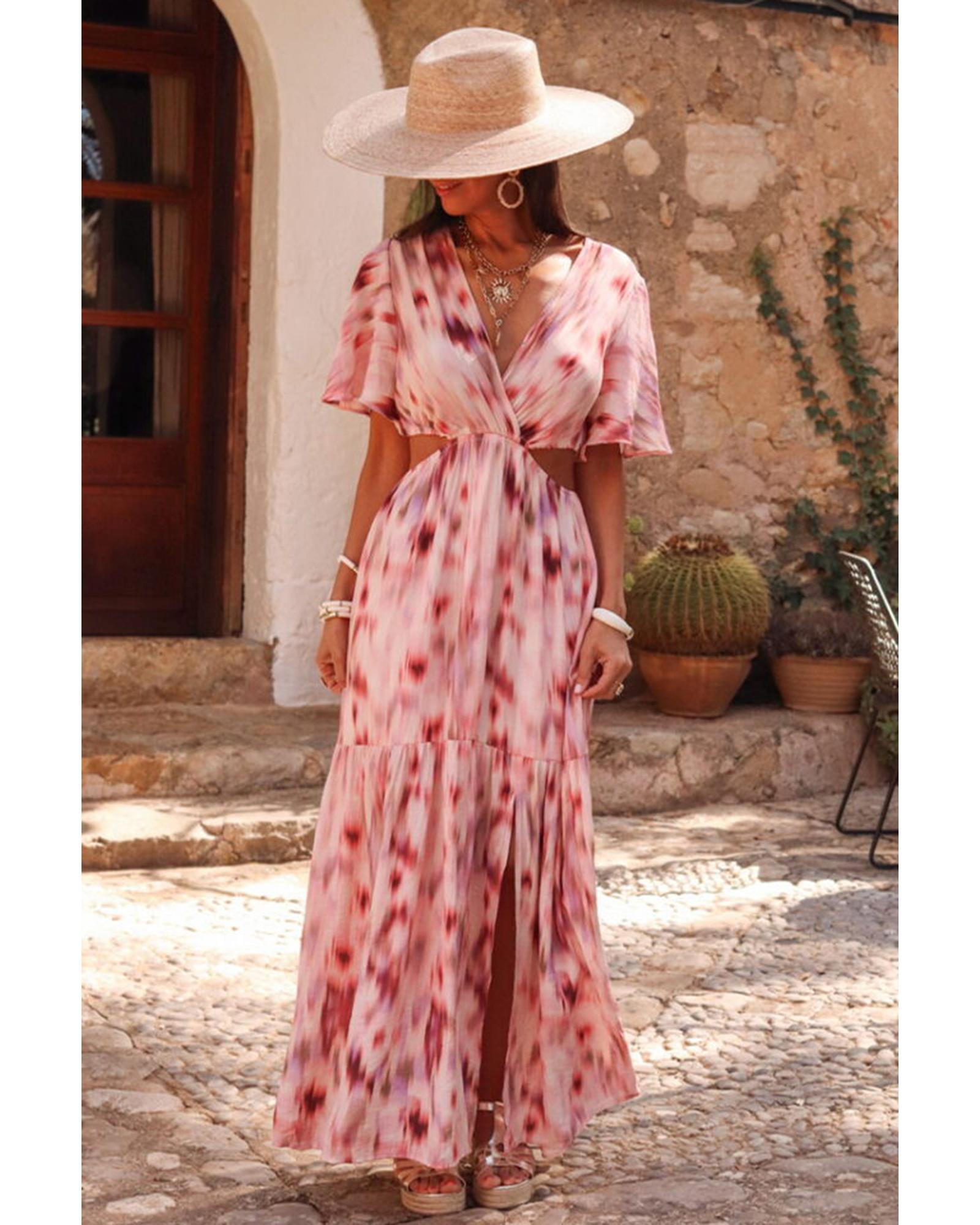 Pink Abstract Printed Flutter Sleeve Daring Cutout Long Dress - M
