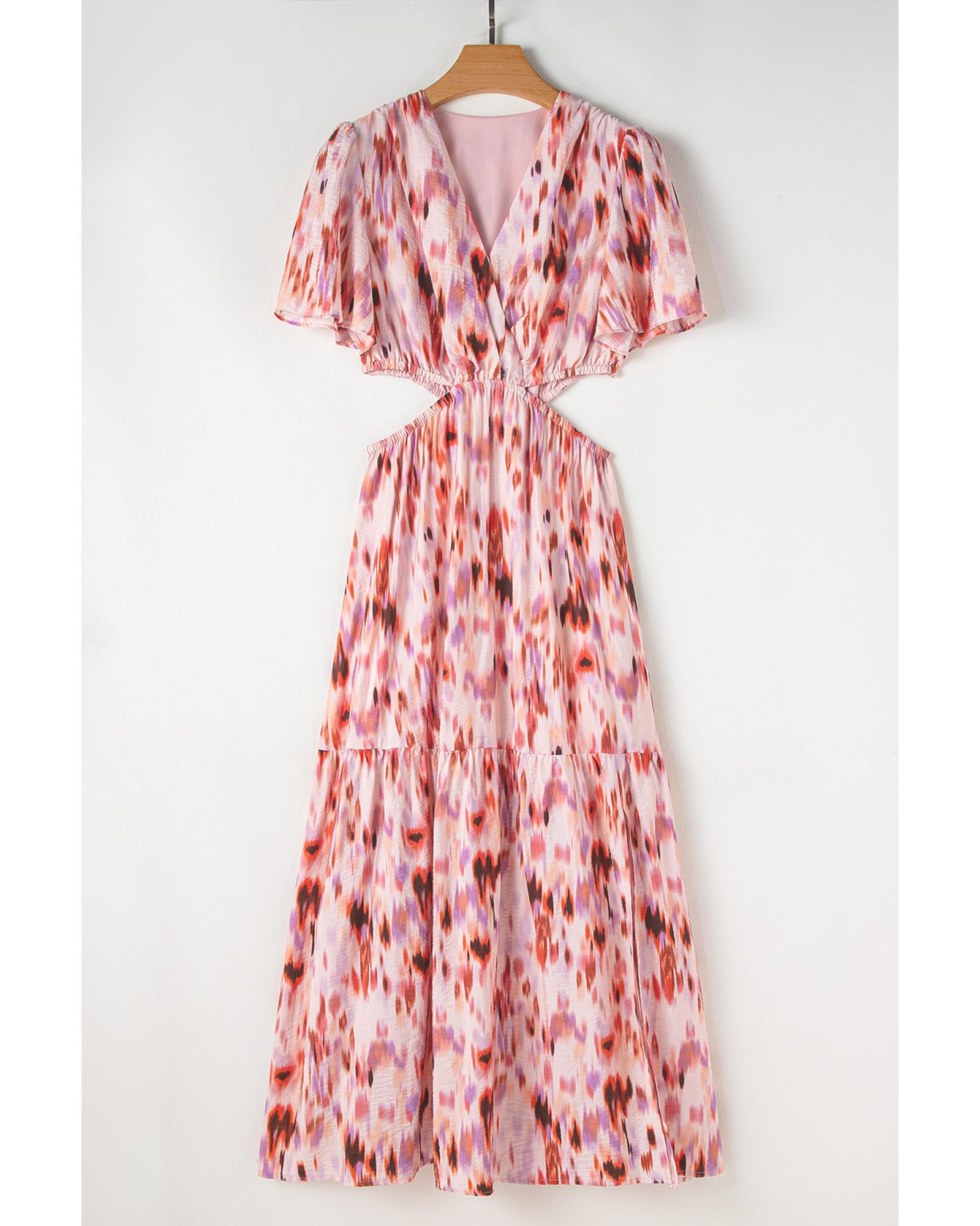 Pink Abstract Printed Flutter Sleeve Daring Cutout Long Dress - M