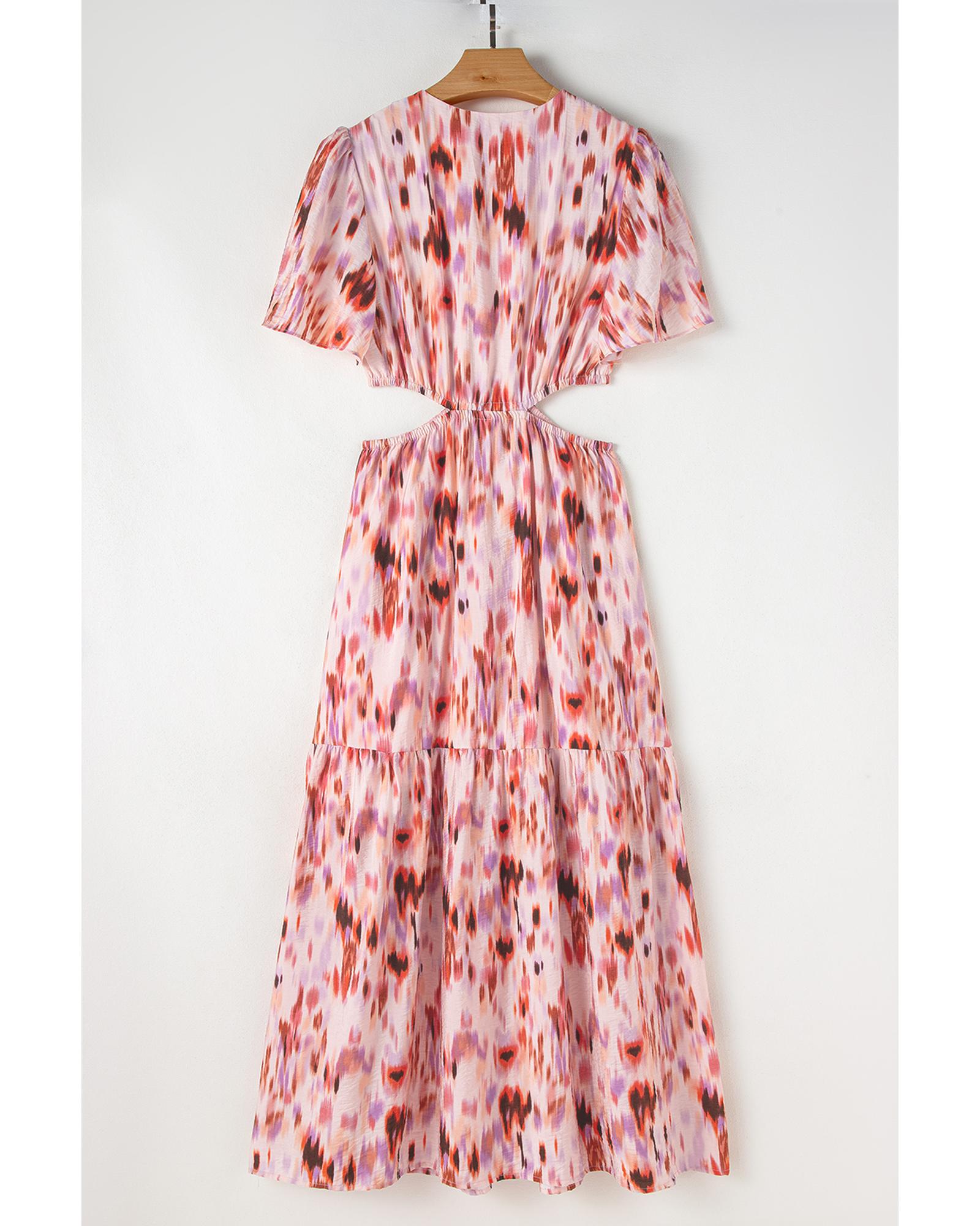 Pink Abstract Printed Flutter Sleeve Daring Cutout Long Dress - M
