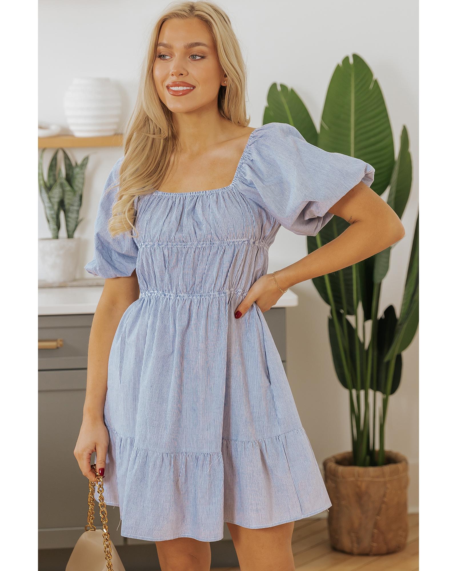 Sky Blue Stripe Bubble Sleeve Square Neck Ruched Pocketed Babydoll Dress - S
