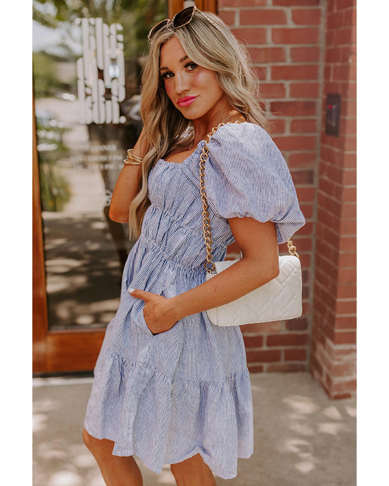Sky Blue Stripe Bubble Sleeve Square Neck Ruched Pocketed Babydoll Dress - S