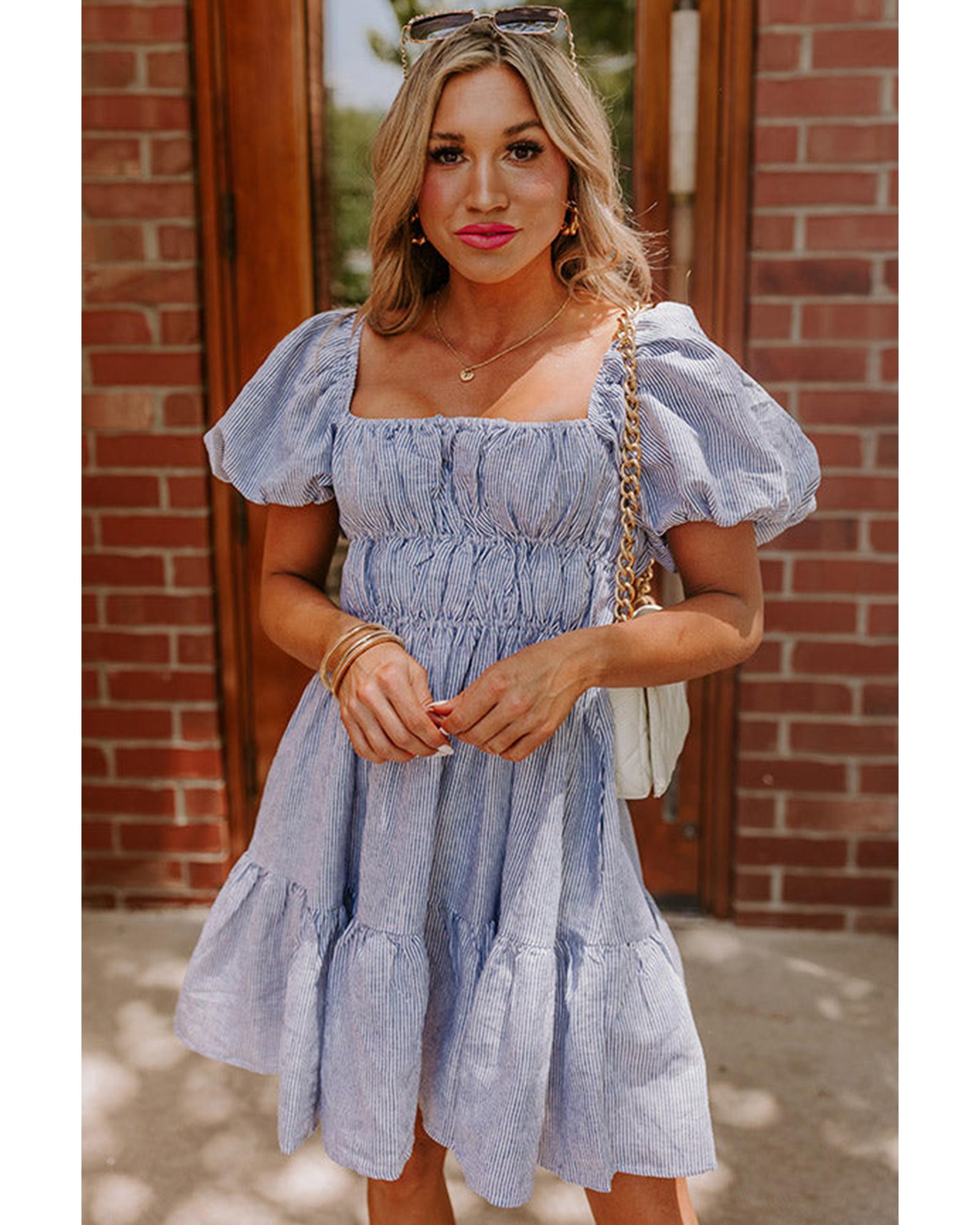 Sky Blue Stripe Bubble Sleeve Square Neck Ruched Pocketed Babydoll Dress - S
