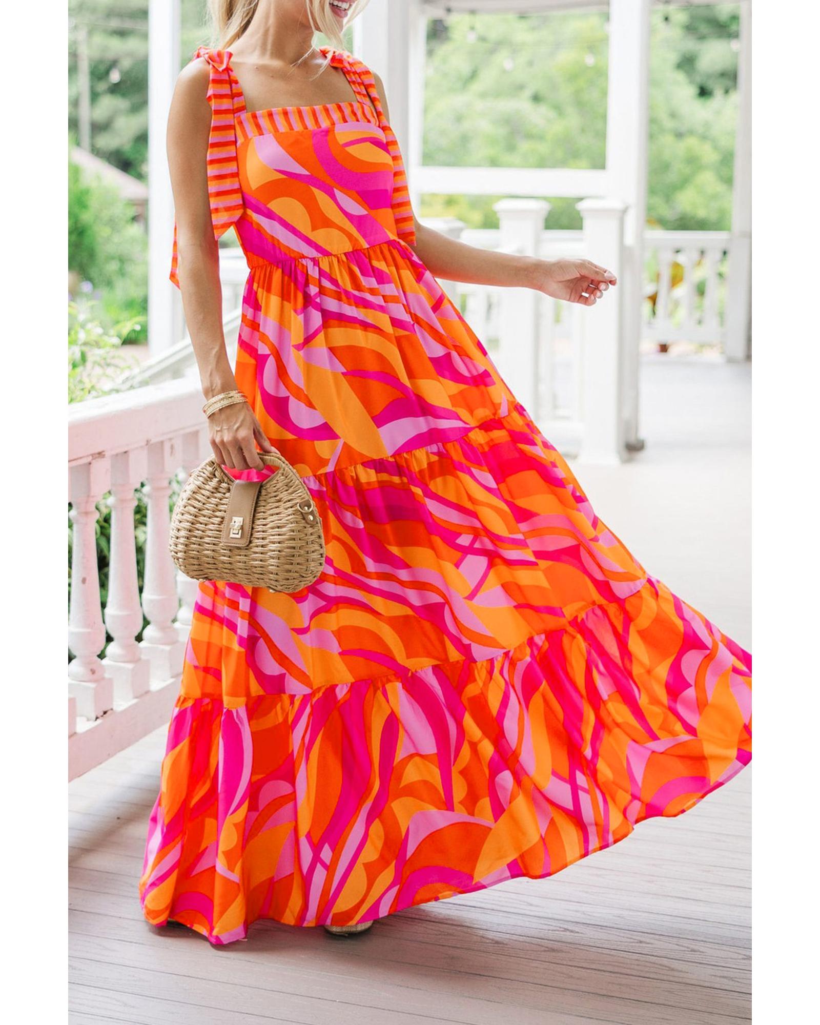 Red Abstract Print Knotted Shoulder High Waist Maxi Dress - L