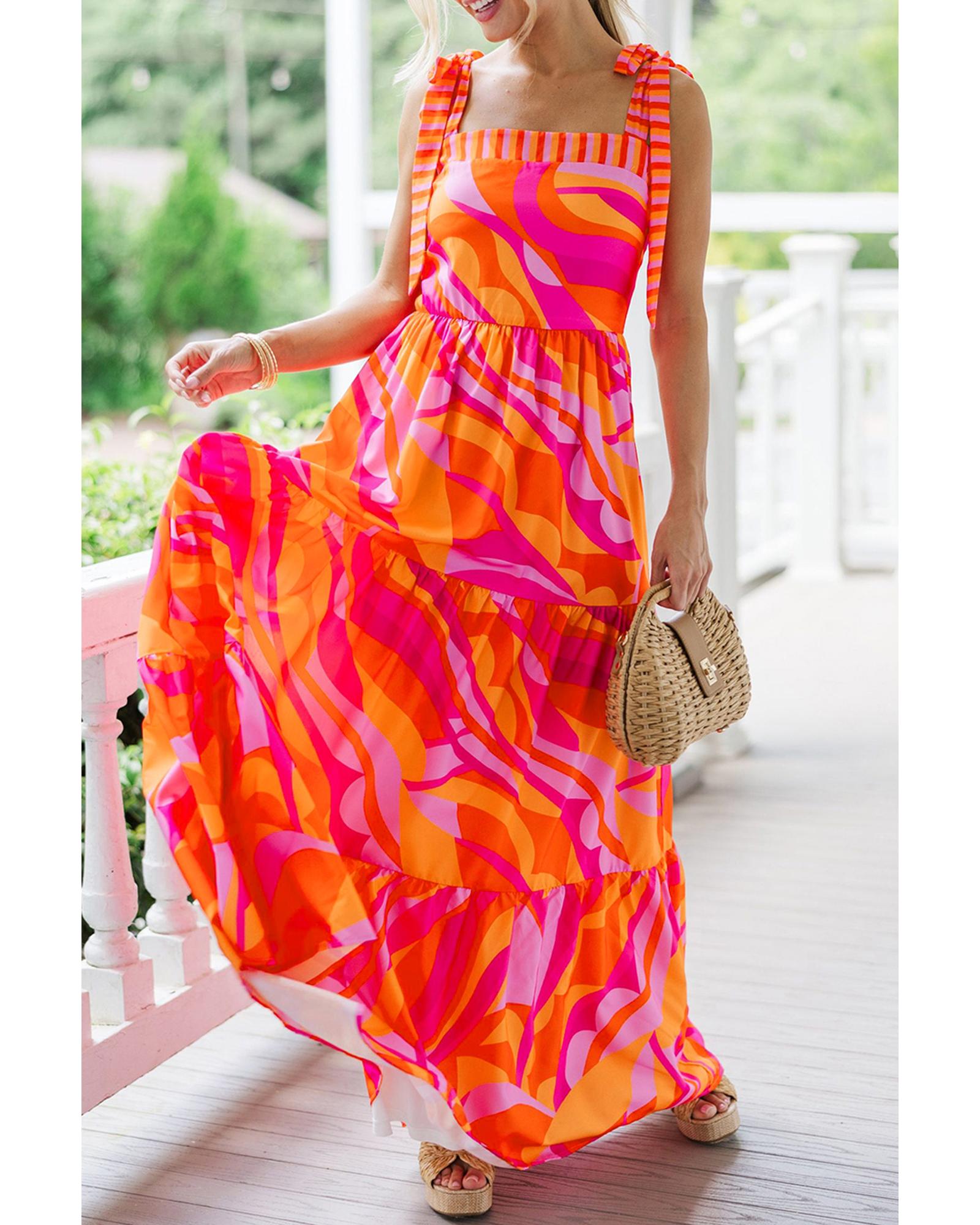 Red Abstract Print Knotted Shoulder High Waist Maxi Dress - L