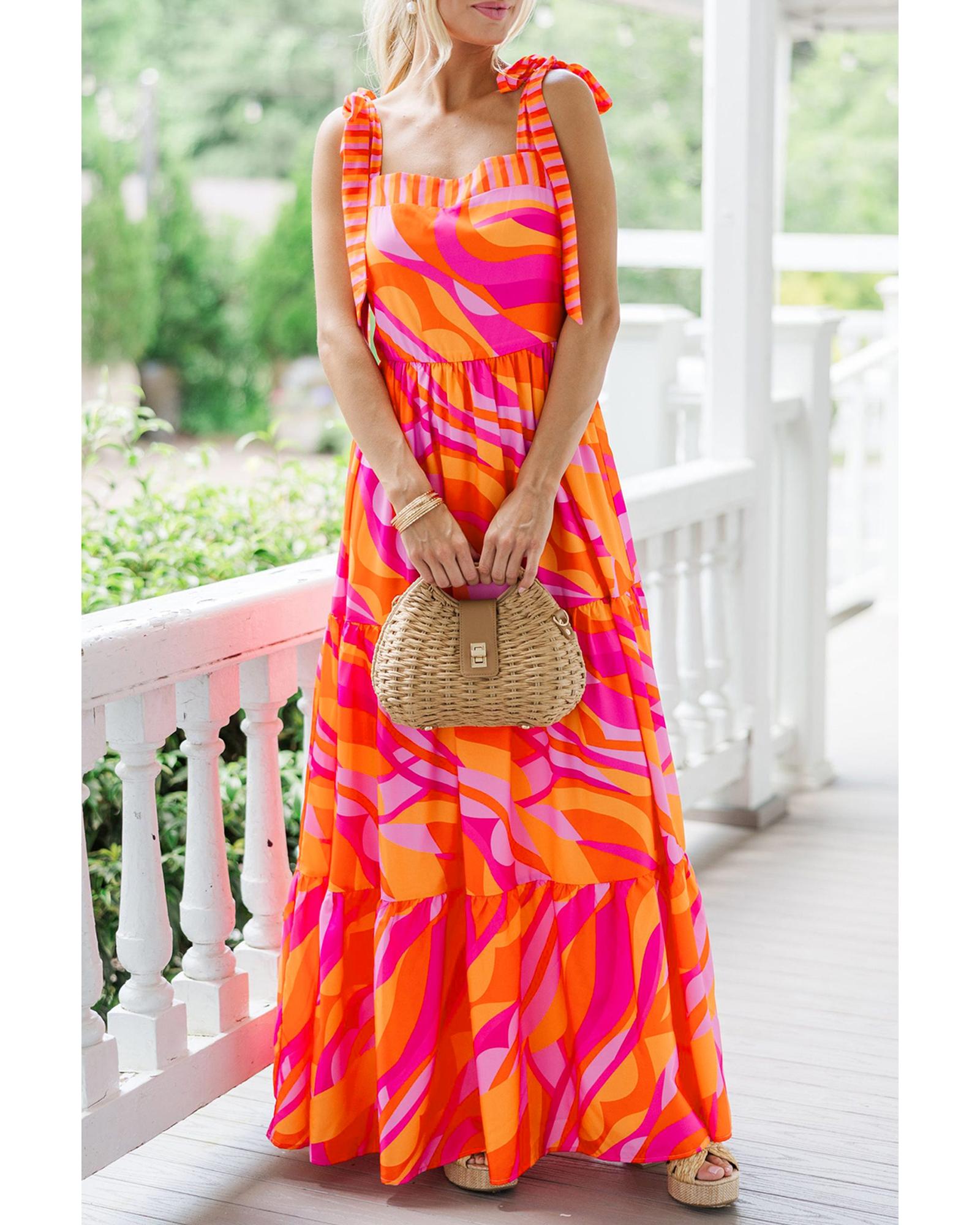 Red Abstract Print Knotted Shoulder High Waist Maxi Dress - L