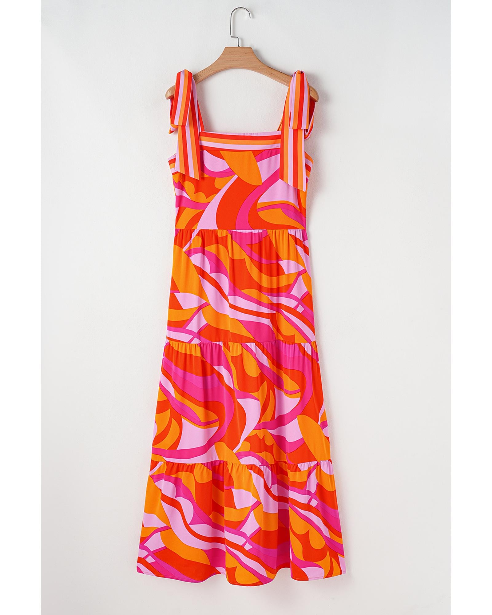 Red Abstract Print Knotted Shoulder High Waist Maxi Dress - L