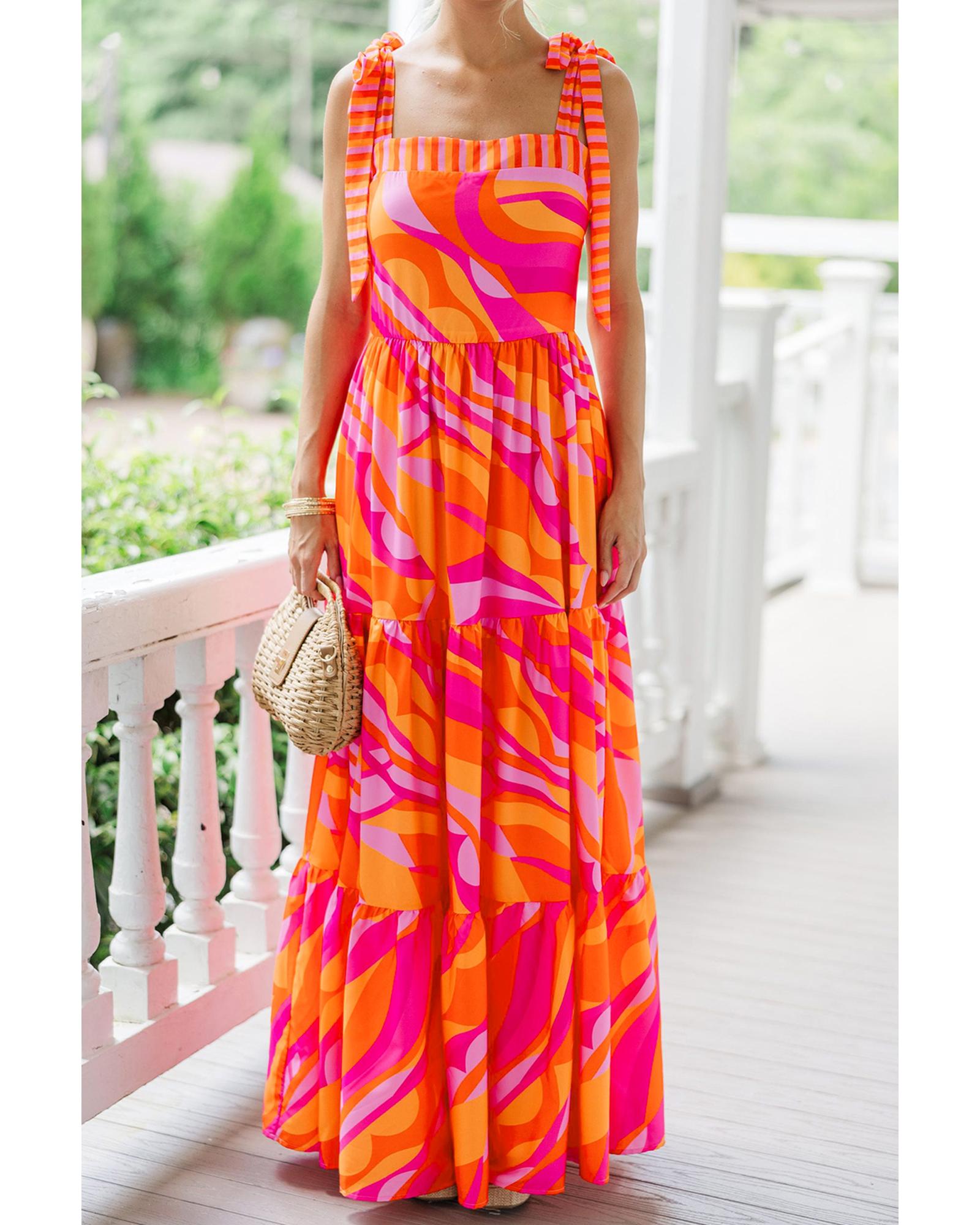 Red Abstract Print Knotted Shoulder High Waist Maxi Dress - M