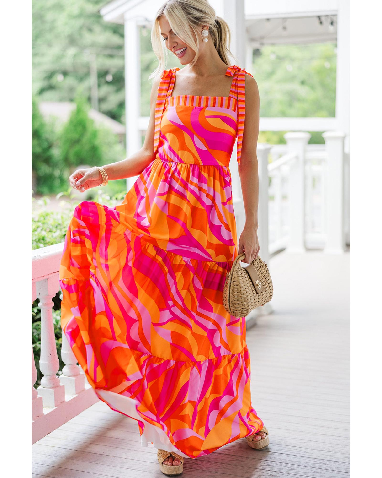 Red Abstract Print Knotted Shoulder High Waist Maxi Dress - M