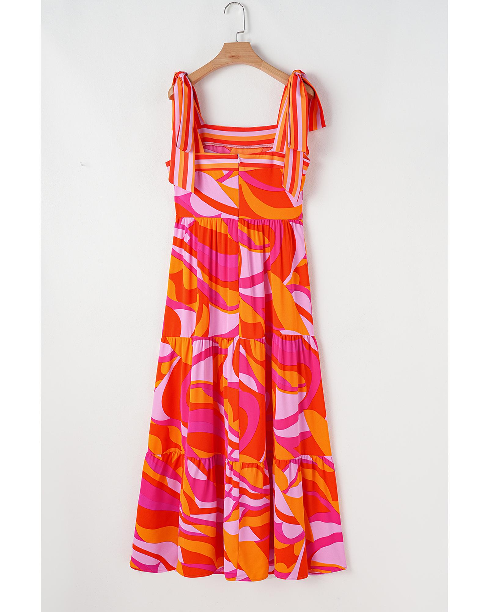 Red Abstract Print Knotted Shoulder High Waist Maxi Dress - M