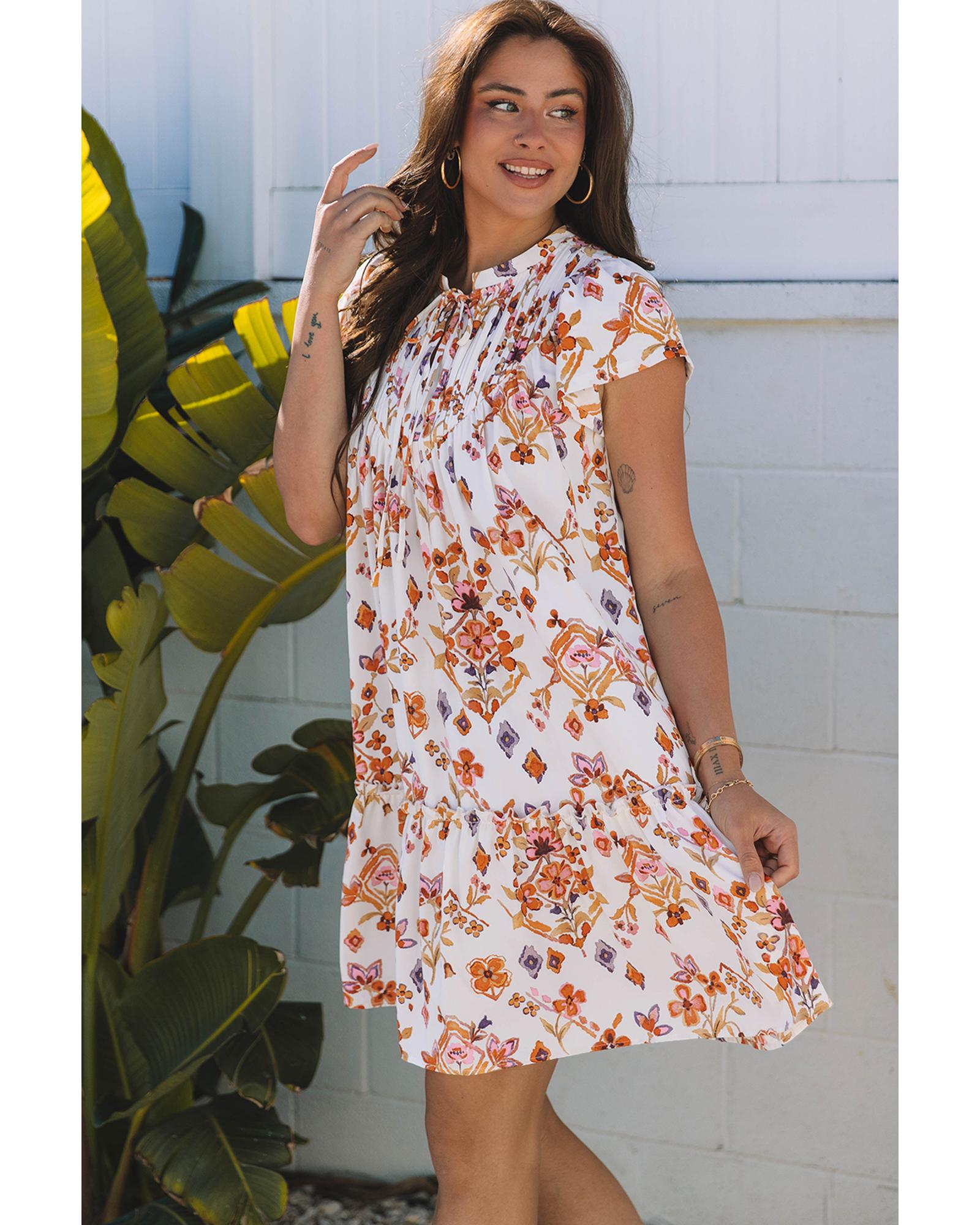 Apricot Floral Geometric Print Ruffled Trim Flutter Sleeve Mini Dress - L
