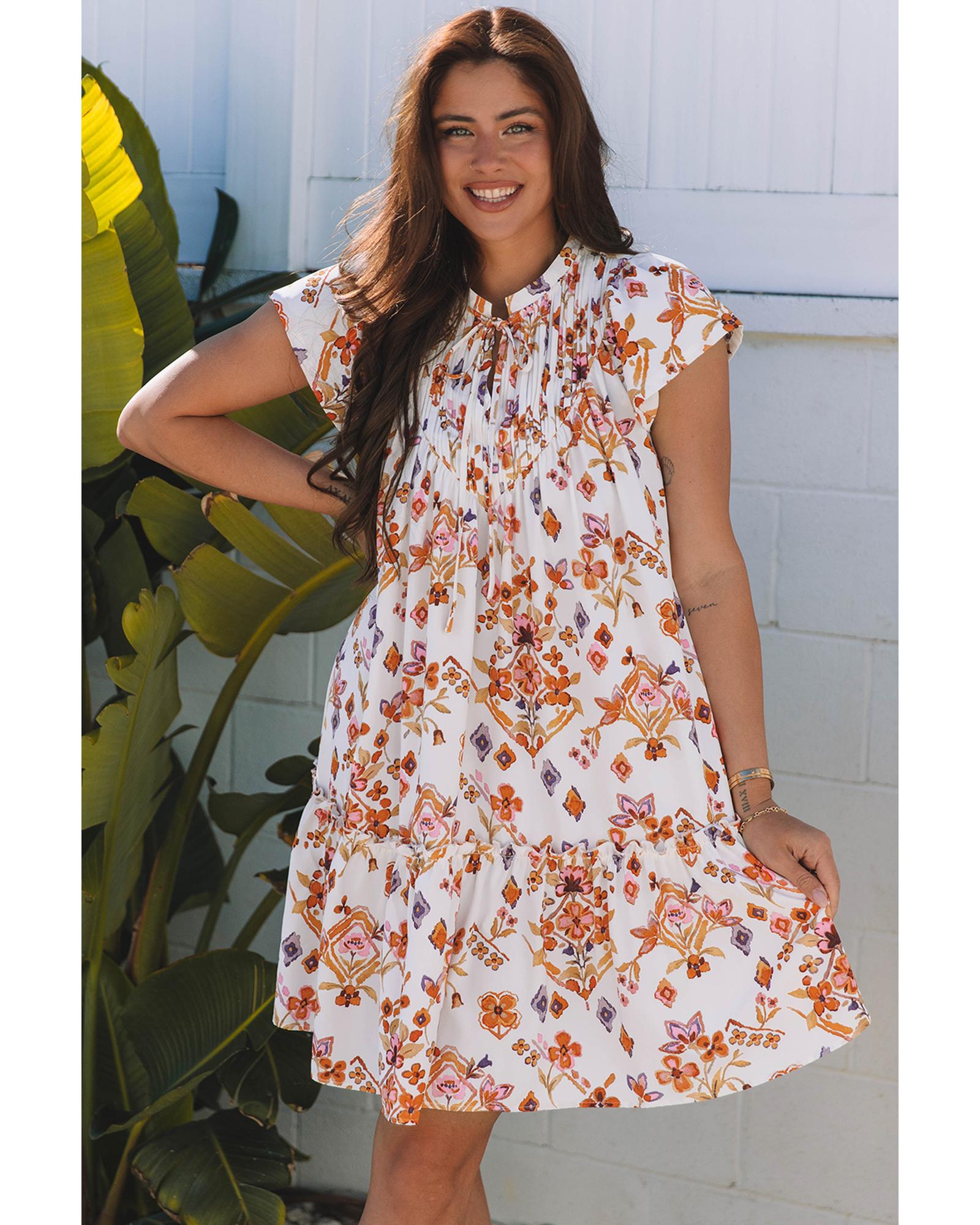 Apricot Floral Geometric Print Ruffled Trim Flutter Sleeve Mini Dress - L