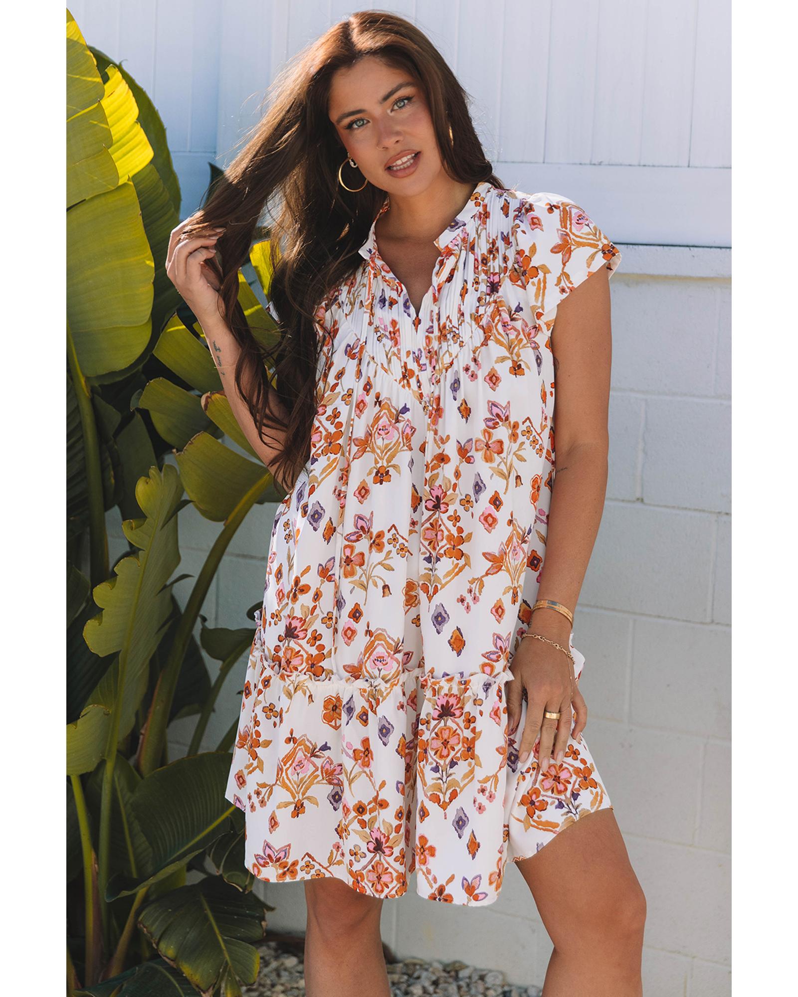 Apricot Floral Geometric Print Ruffled Trim Flutter Sleeve Mini Dress - L