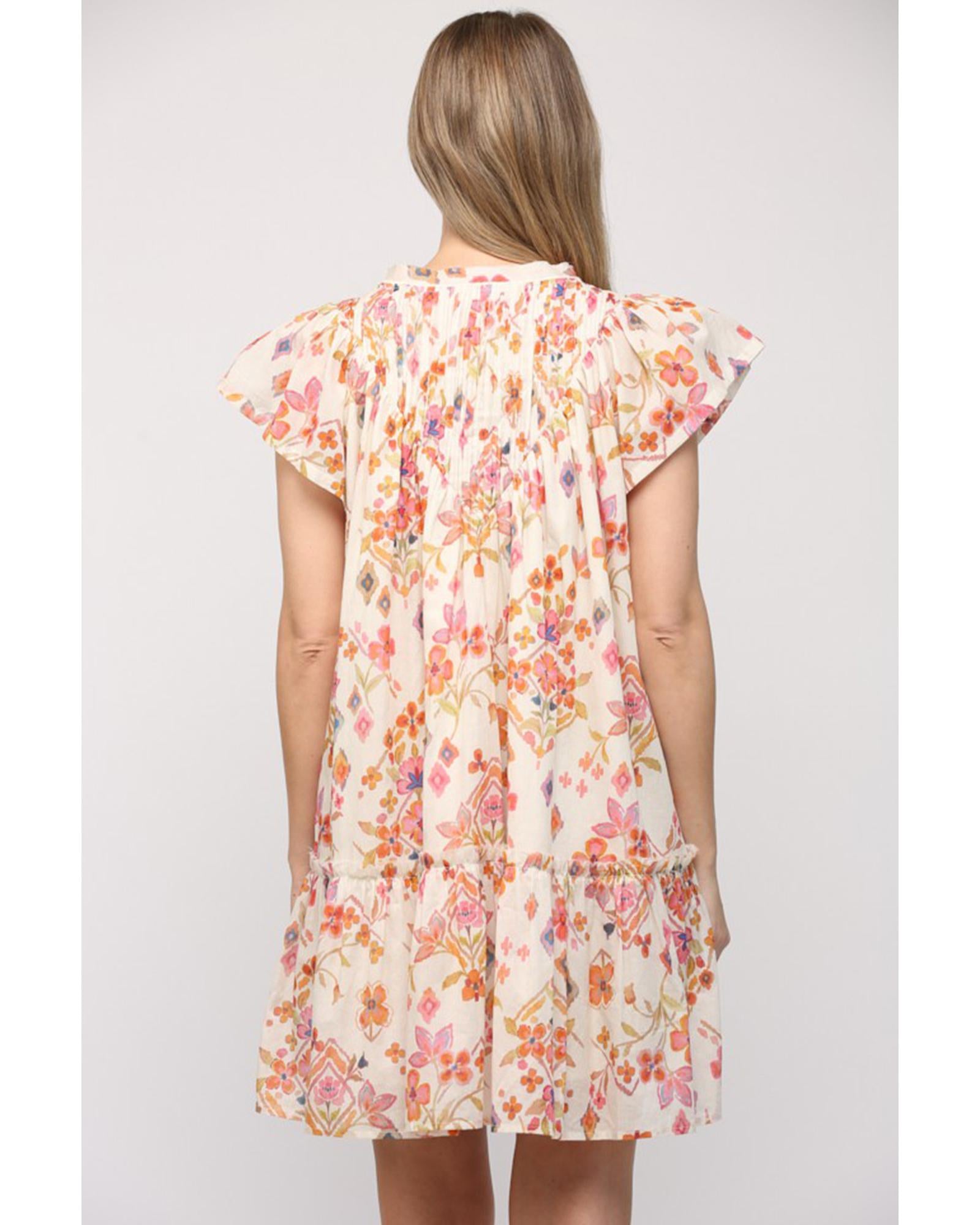 Apricot Floral Geometric Print Ruffled Trim Flutter Sleeve Mini Dress - L