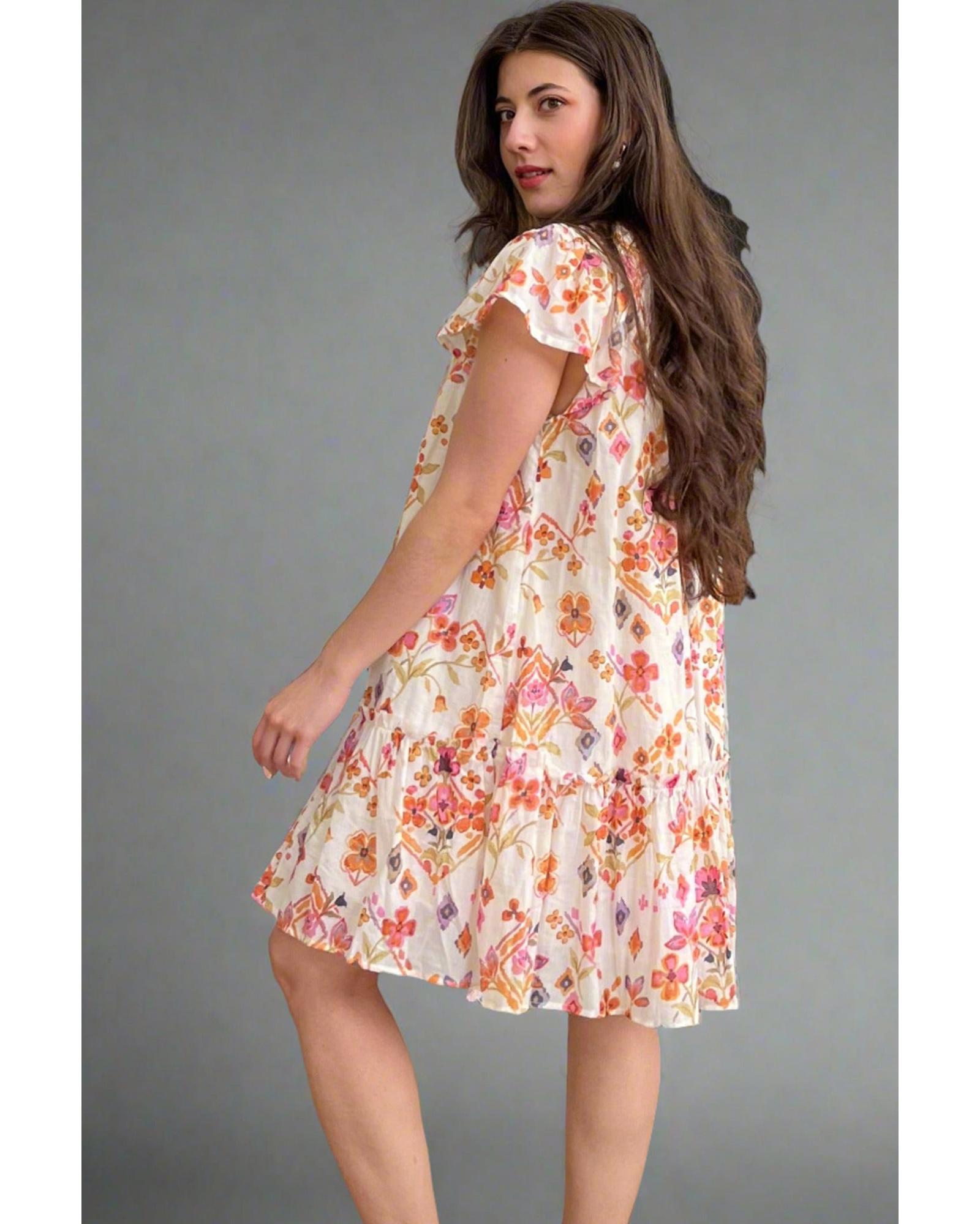 Apricot Floral Geometric Print Ruffled Trim Flutter Sleeve Mini Dress - L