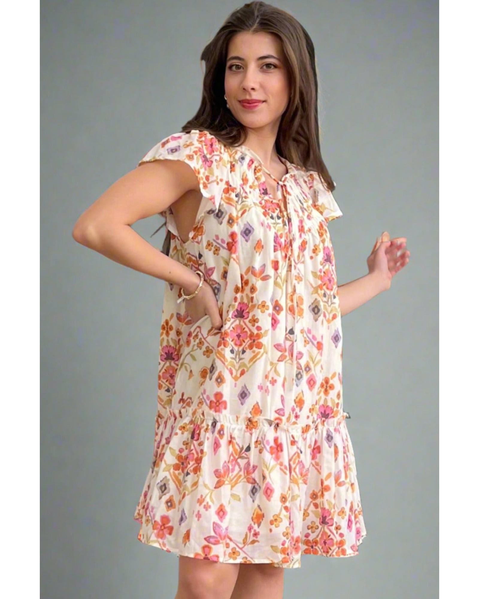 Apricot Floral Geometric Print Ruffled Trim Flutter Sleeve Mini Dress - L