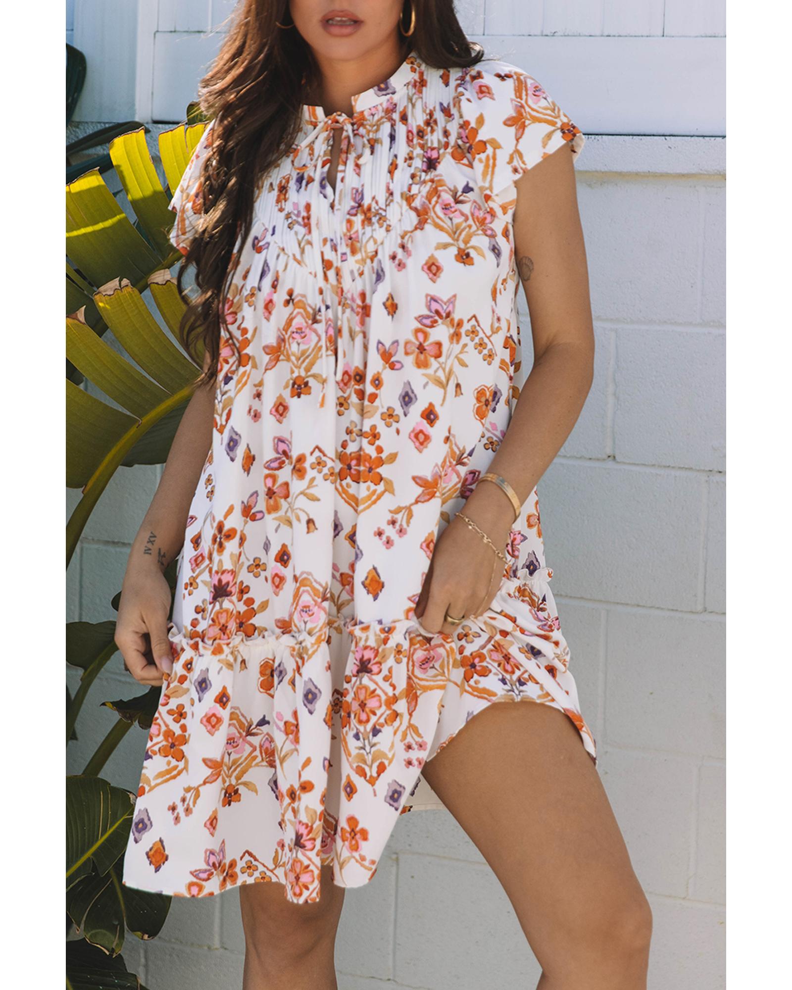 Apricot Floral Geometric Print Ruffled Trim Flutter Sleeve Mini Dress - M