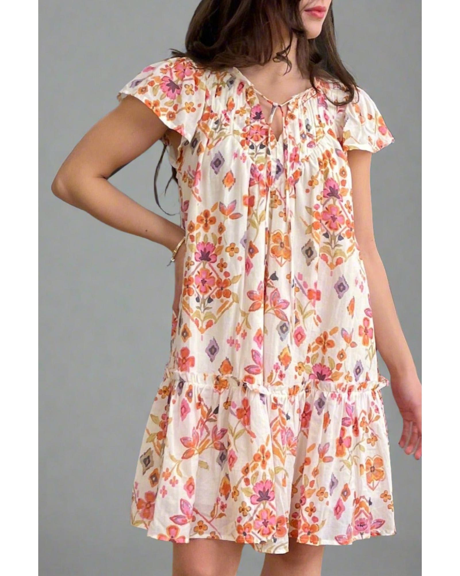 Apricot Floral Geometric Print Ruffled Trim Flutter Sleeve Mini Dress - M