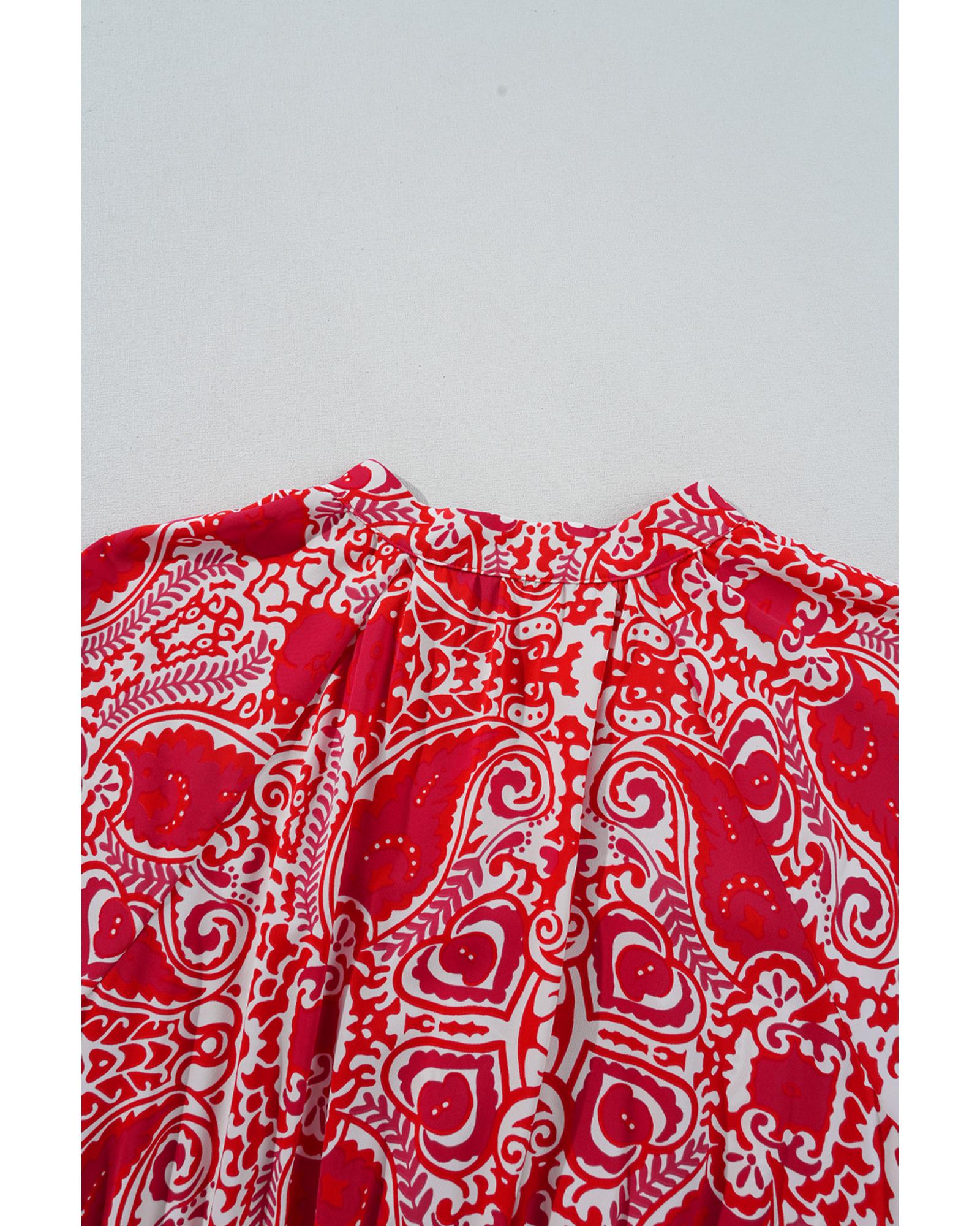 Red Paisley Print Side Slit Puff Sleeve High Waist Maxi Dress - L