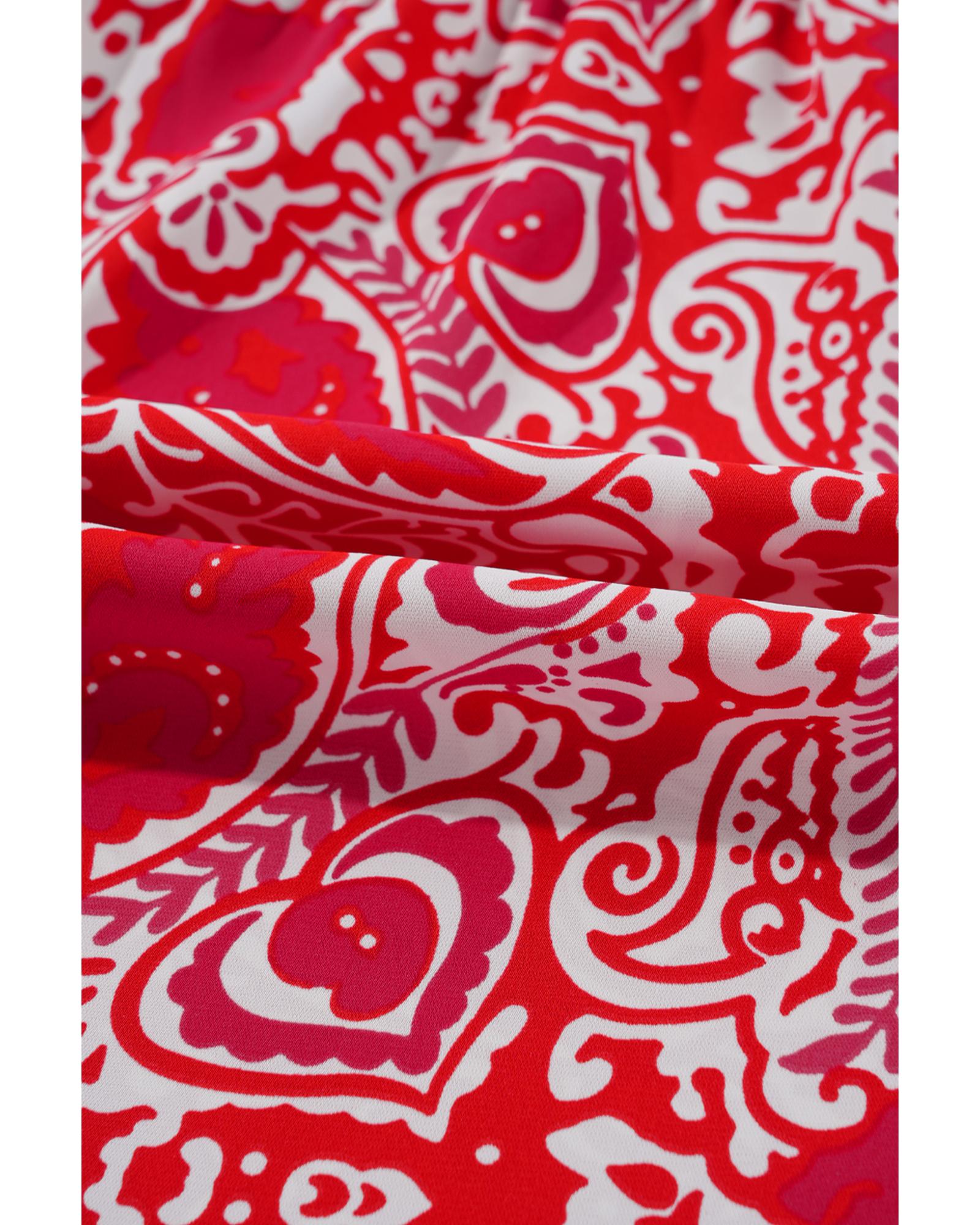Red Paisley Print Side Slit Puff Sleeve High Waist Maxi Dress - L