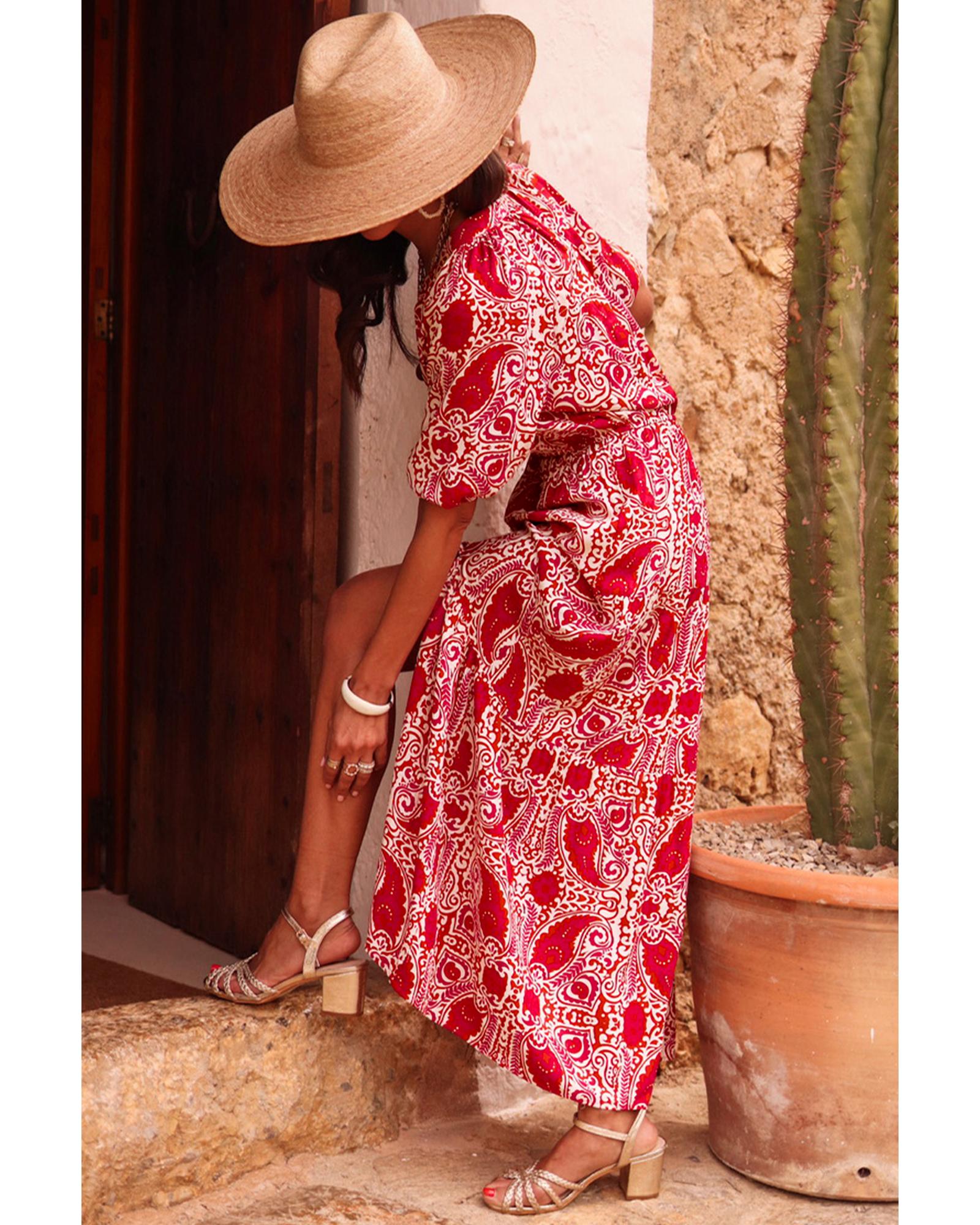 Red Paisley Print Side Slit Puff Sleeve High Waist Maxi Dress - M