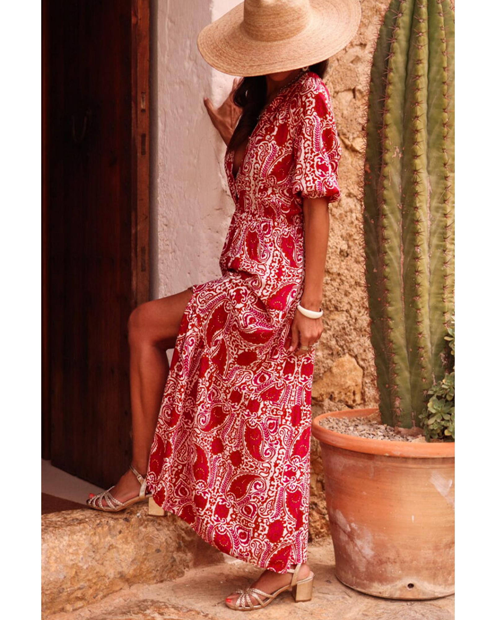 Red Paisley Print Side Slit Puff Sleeve High Waist Maxi Dress - M