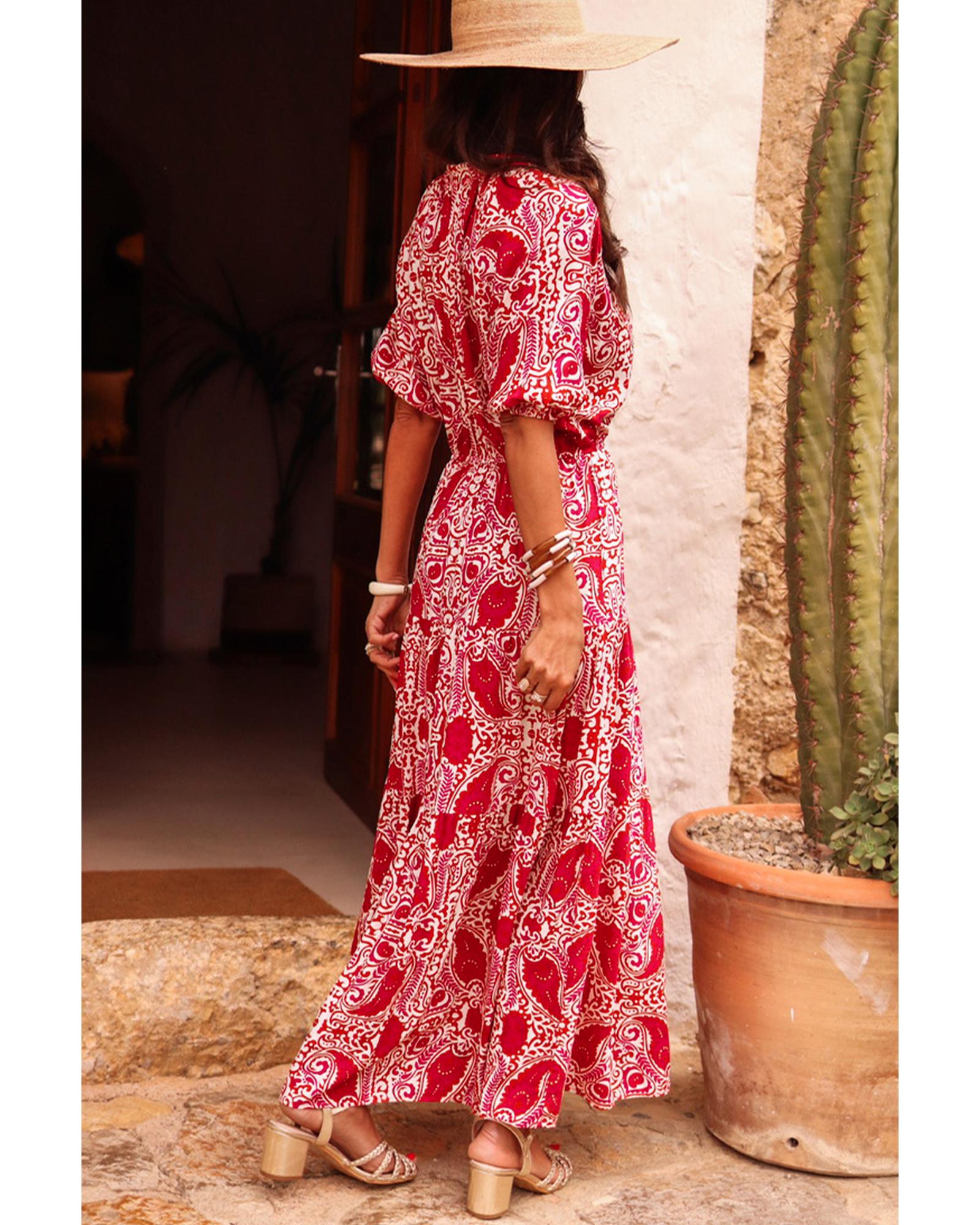 Red Paisley Print Side Slit Puff Sleeve High Waist Maxi Dress - M