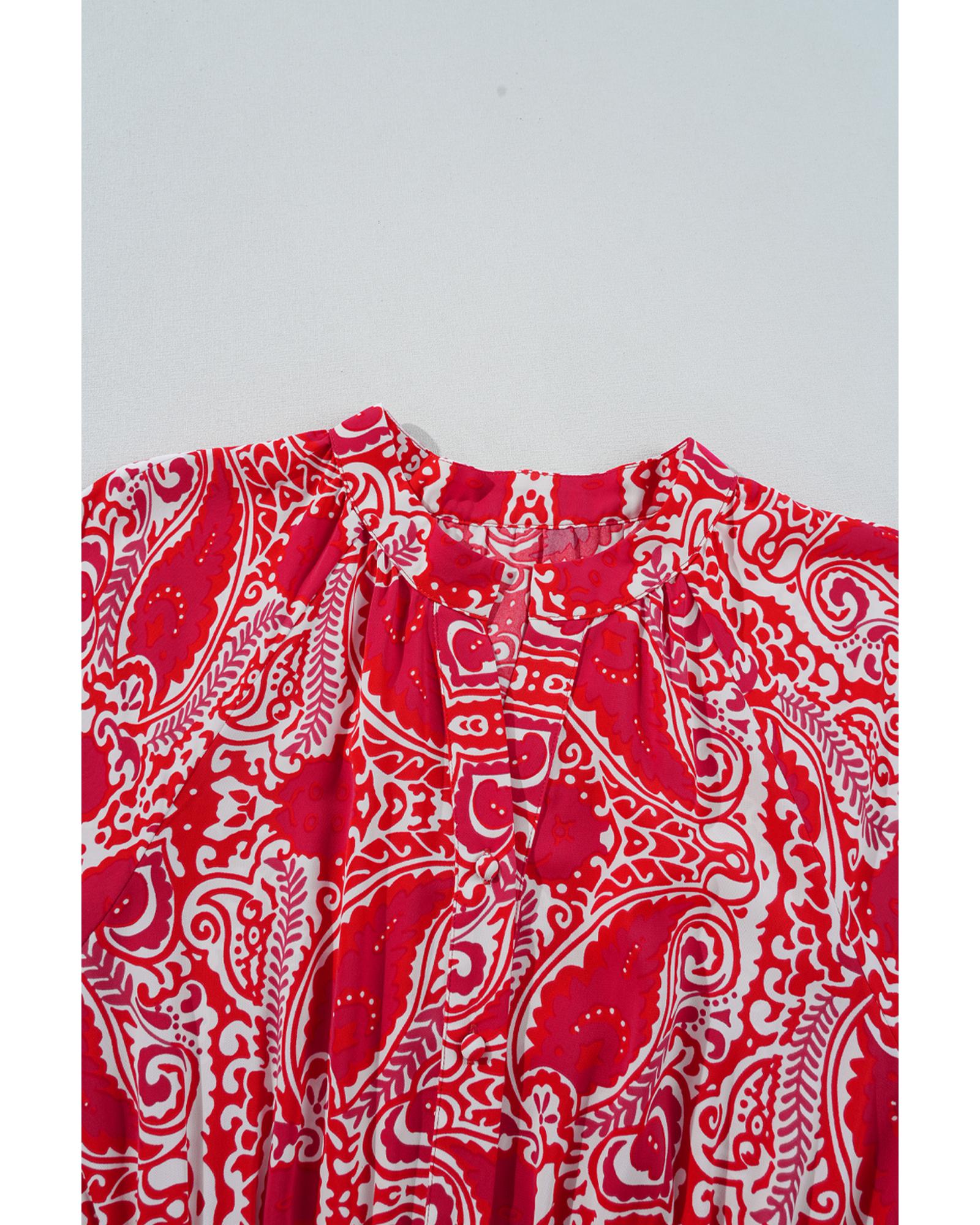Red Paisley Print Side Slit Puff Sleeve High Waist Maxi Dress - M