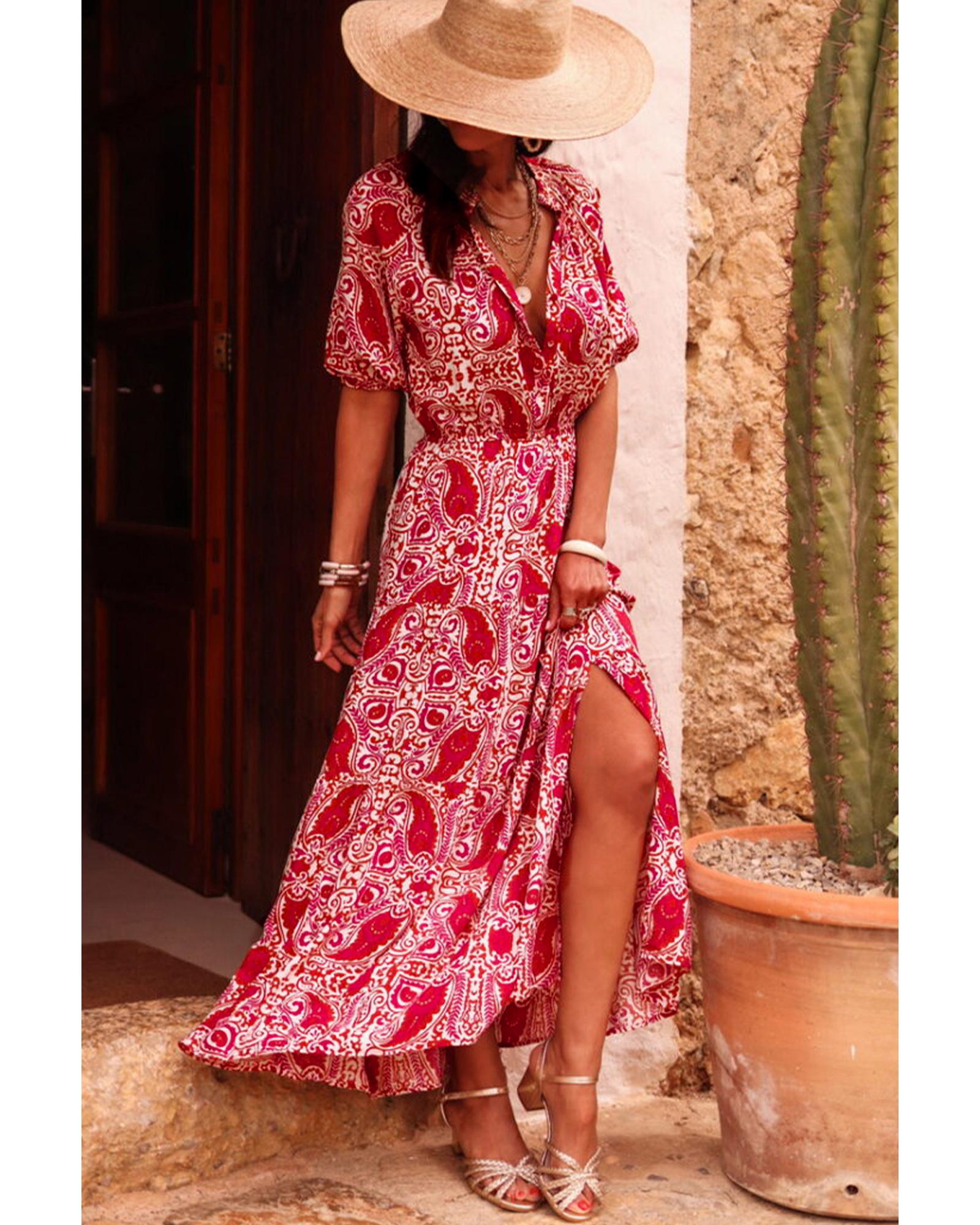 Red Paisley Print Side Slit Puff Sleeve High Waist Maxi Dress - M
