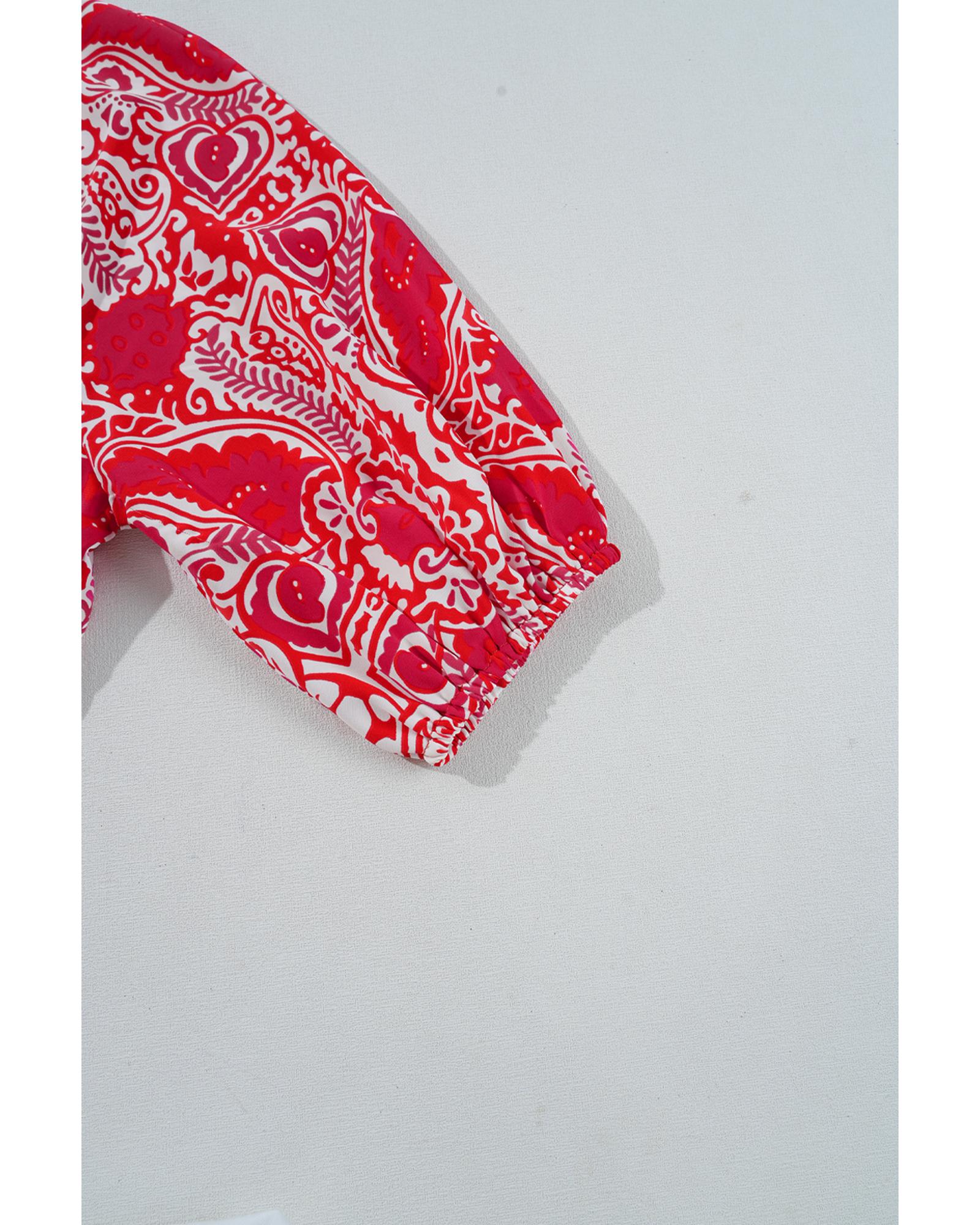Red Paisley Print Side Slit Puff Sleeve High Waist Maxi Dress - M