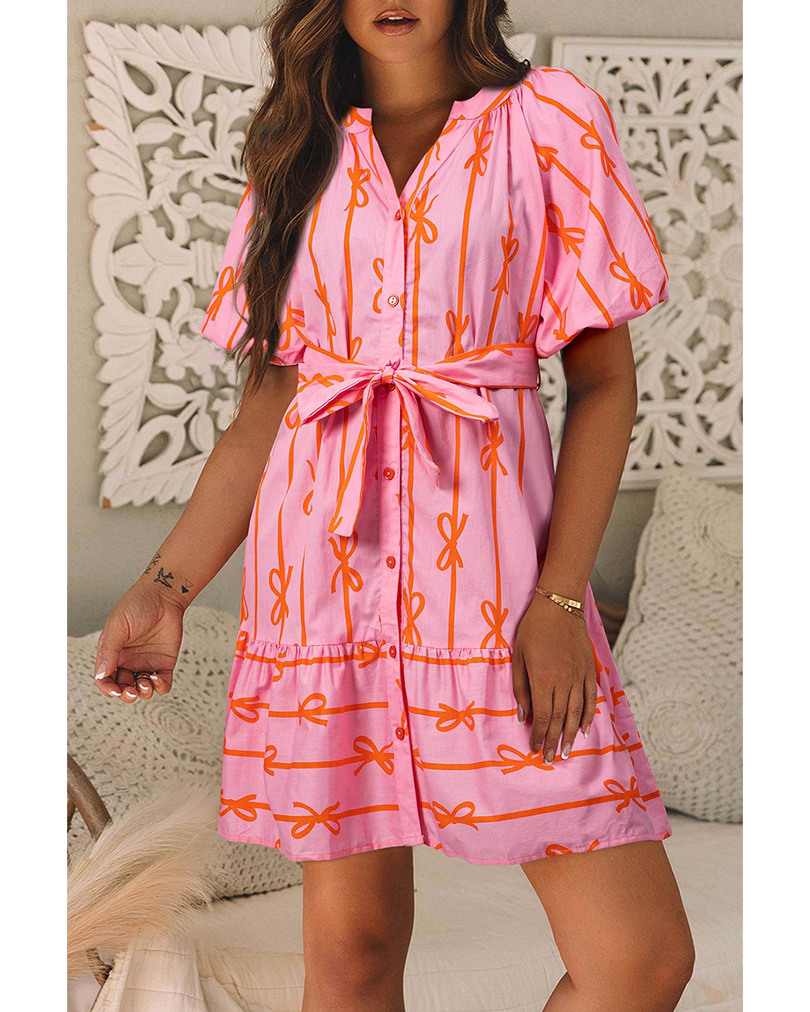 Pink Bowknot Striped Printed Bubble Sleeve Buttoned Belted Mini Dress - M