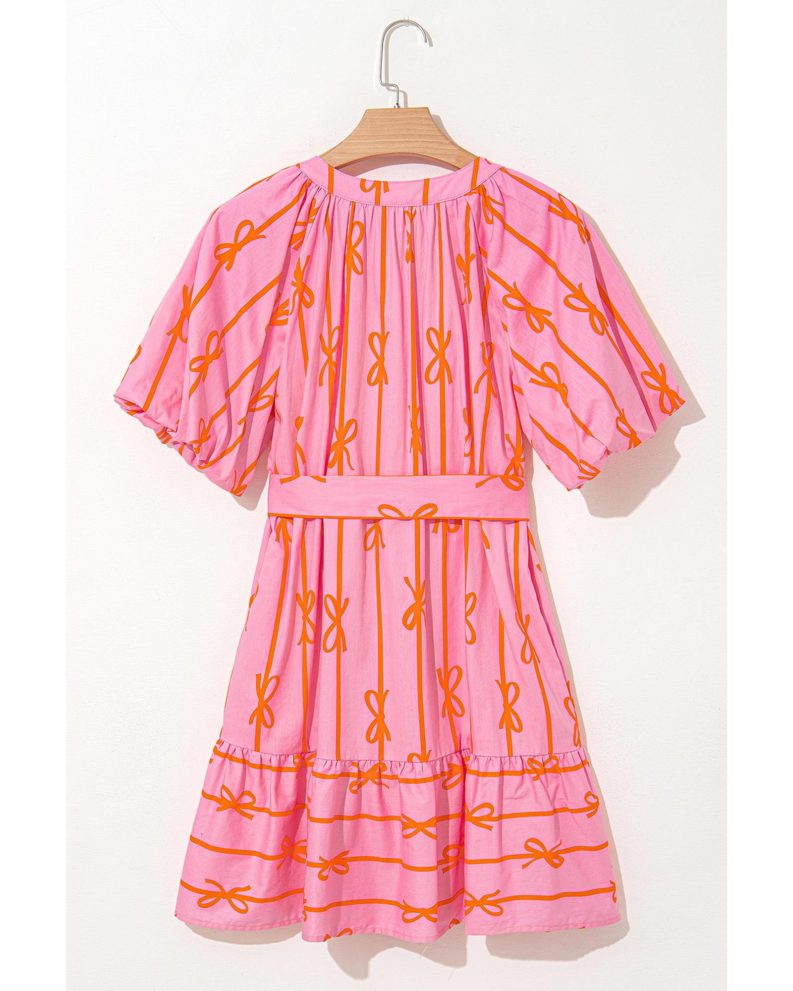 Pink Bowknot Striped Printed Bubble Sleeve Buttoned Belted Mini Dress - S