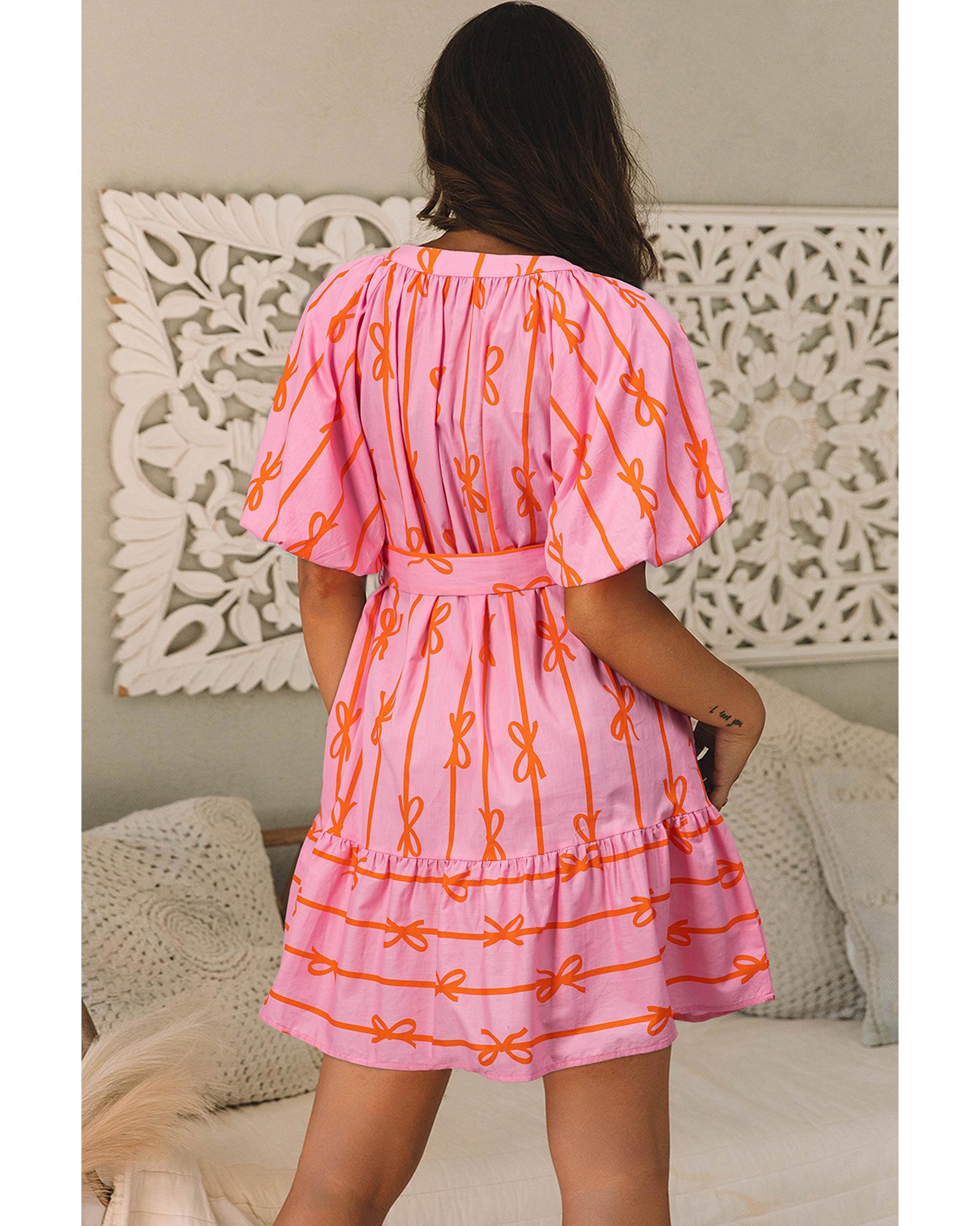Pink Bowknot Striped Printed Bubble Sleeve Buttoned Belted Mini Dress - S