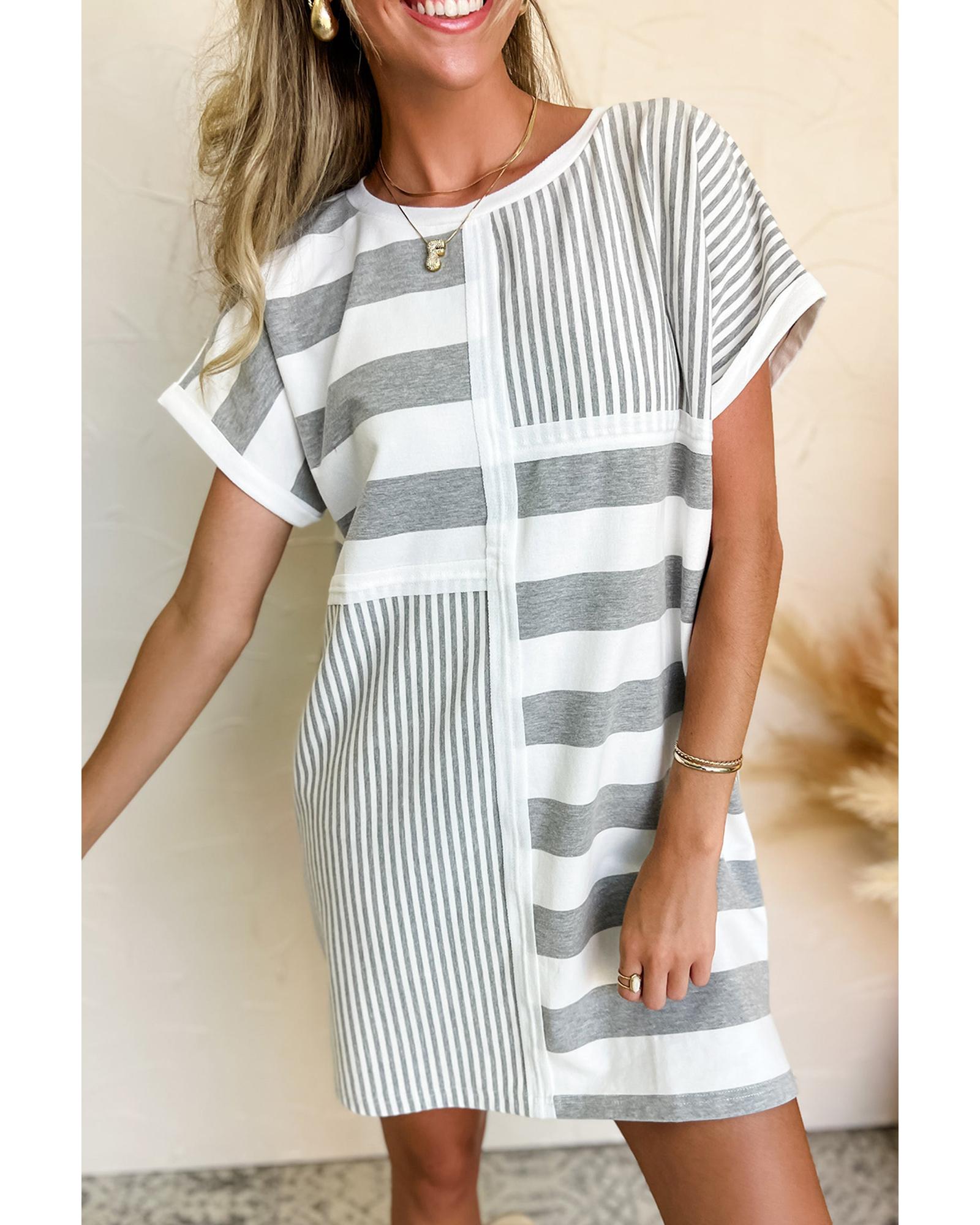 Azura Exchange Gray Stripe Mixed Printed Short Sleeve Shift Mini T Shirt Dress - M