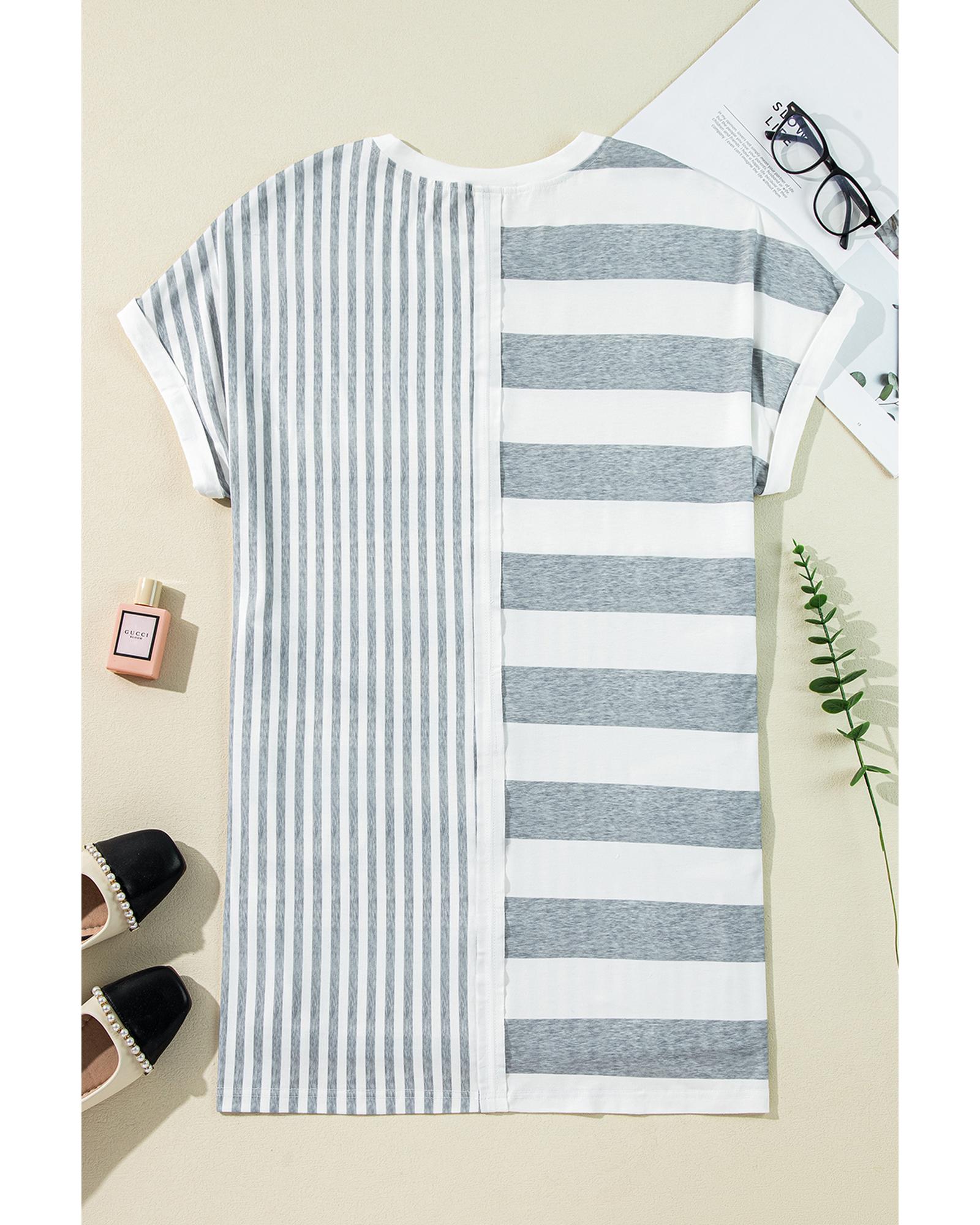Azura Exchange Gray Stripe Mixed Printed Short Sleeve Shift Mini T Shirt Dress - M