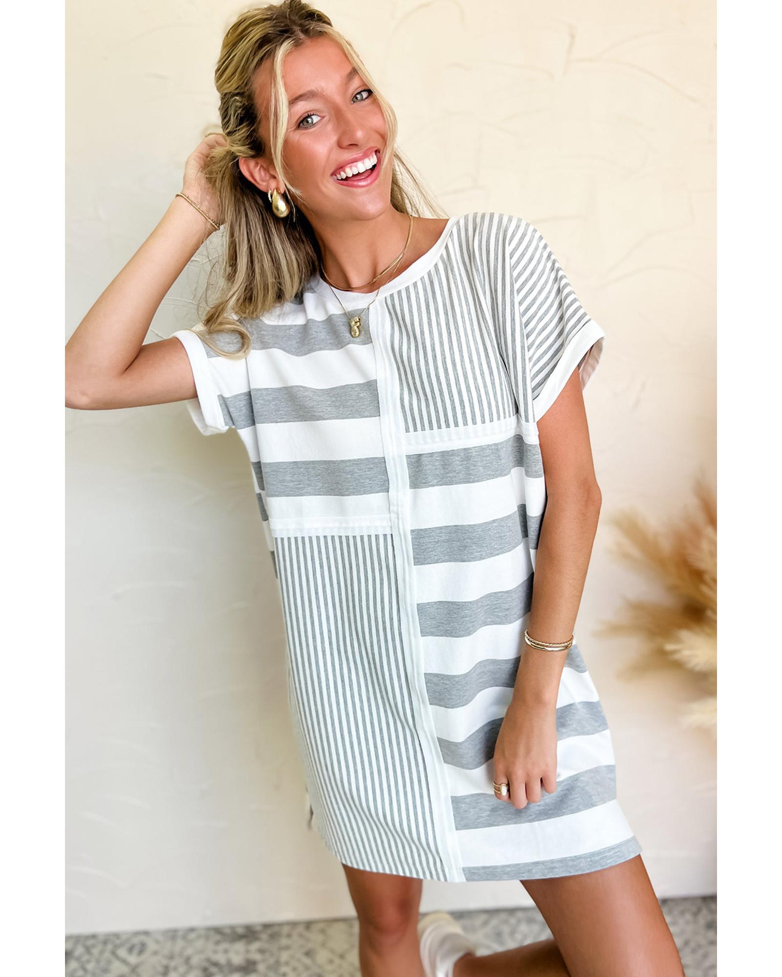 Azura Exchange Gray Stripe Mixed Printed Short Sleeve Shift Mini T Shirt Dress - M