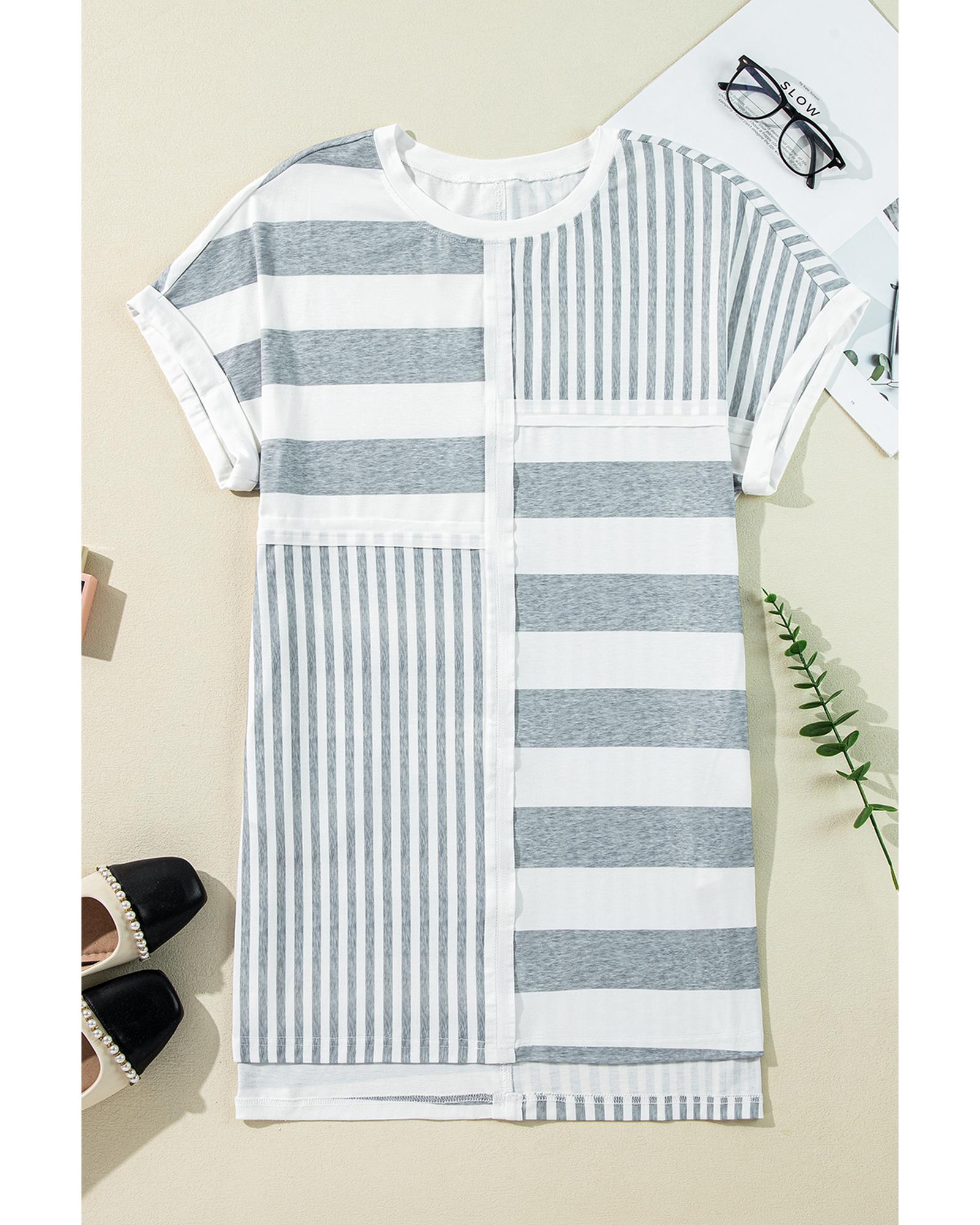 Azura Exchange Gray Stripe Mixed Printed Short Sleeve Shift Mini T Shirt Dress - M