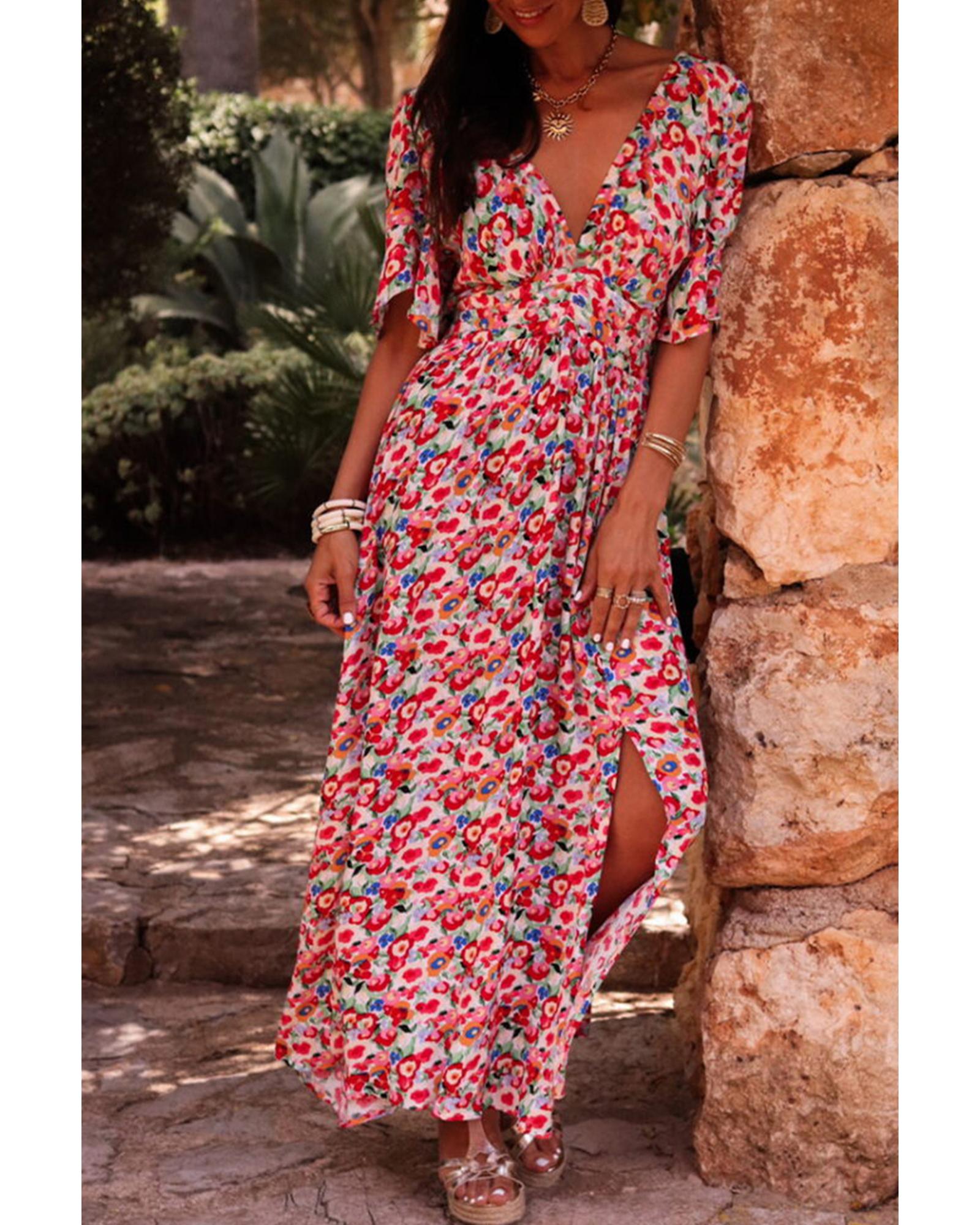 Red Floral Half Sleeve Deep V Neck Cutout Back Split Maxi Dress - M