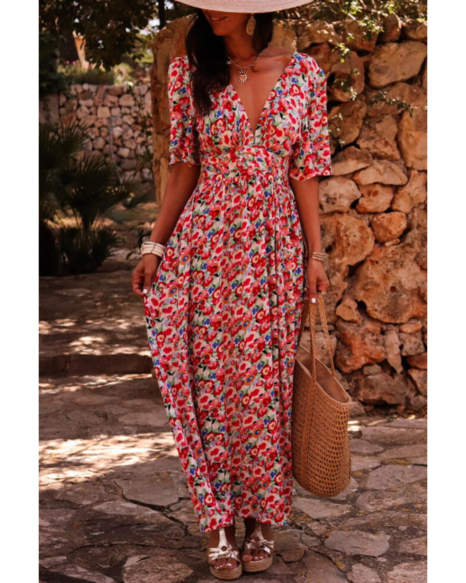 Red Floral Half Sleeve Deep V Neck Cutout Back Split Maxi Dress - S