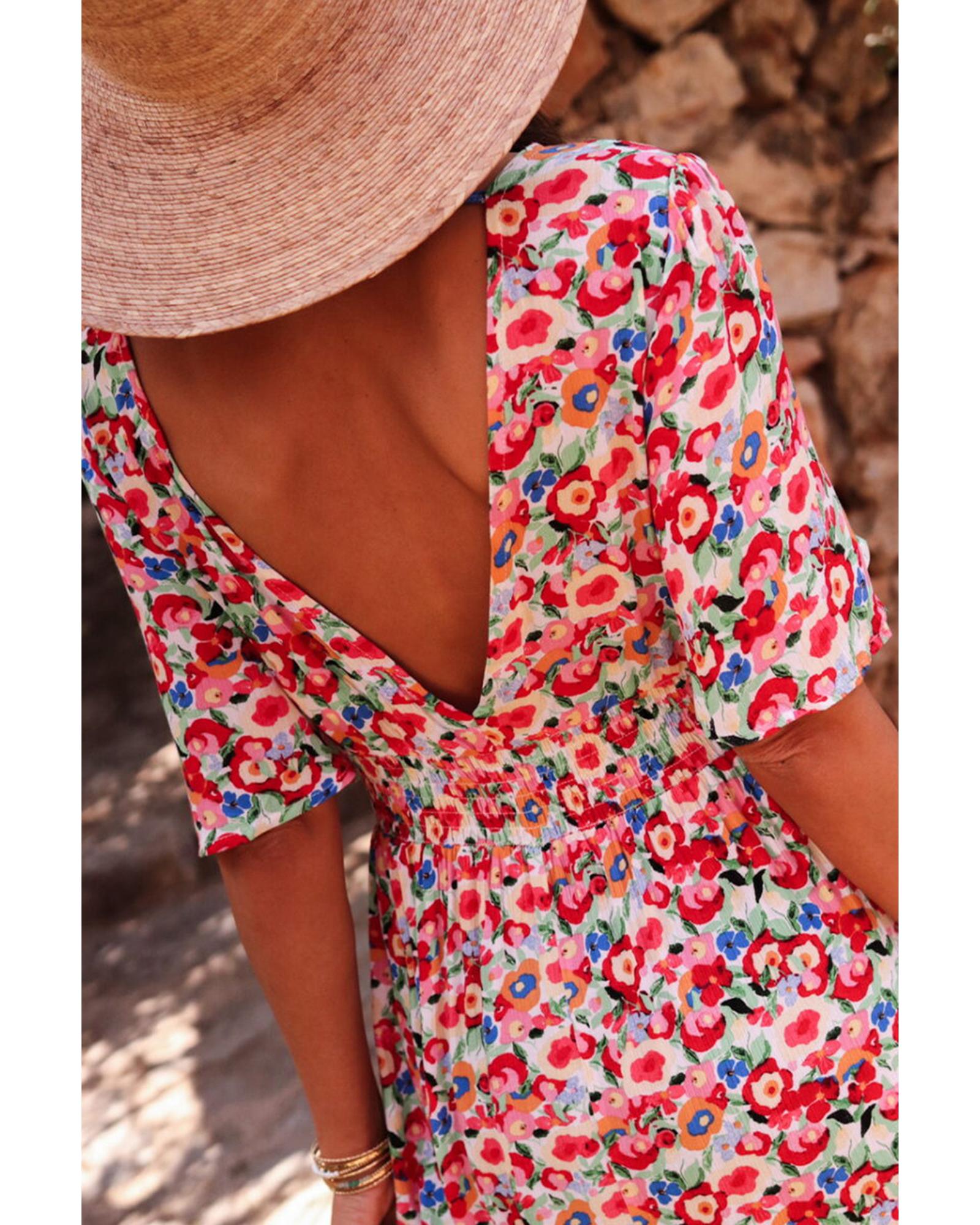 Red Floral Half Sleeve Deep V Neck Cutout Back Split Maxi Dress - S