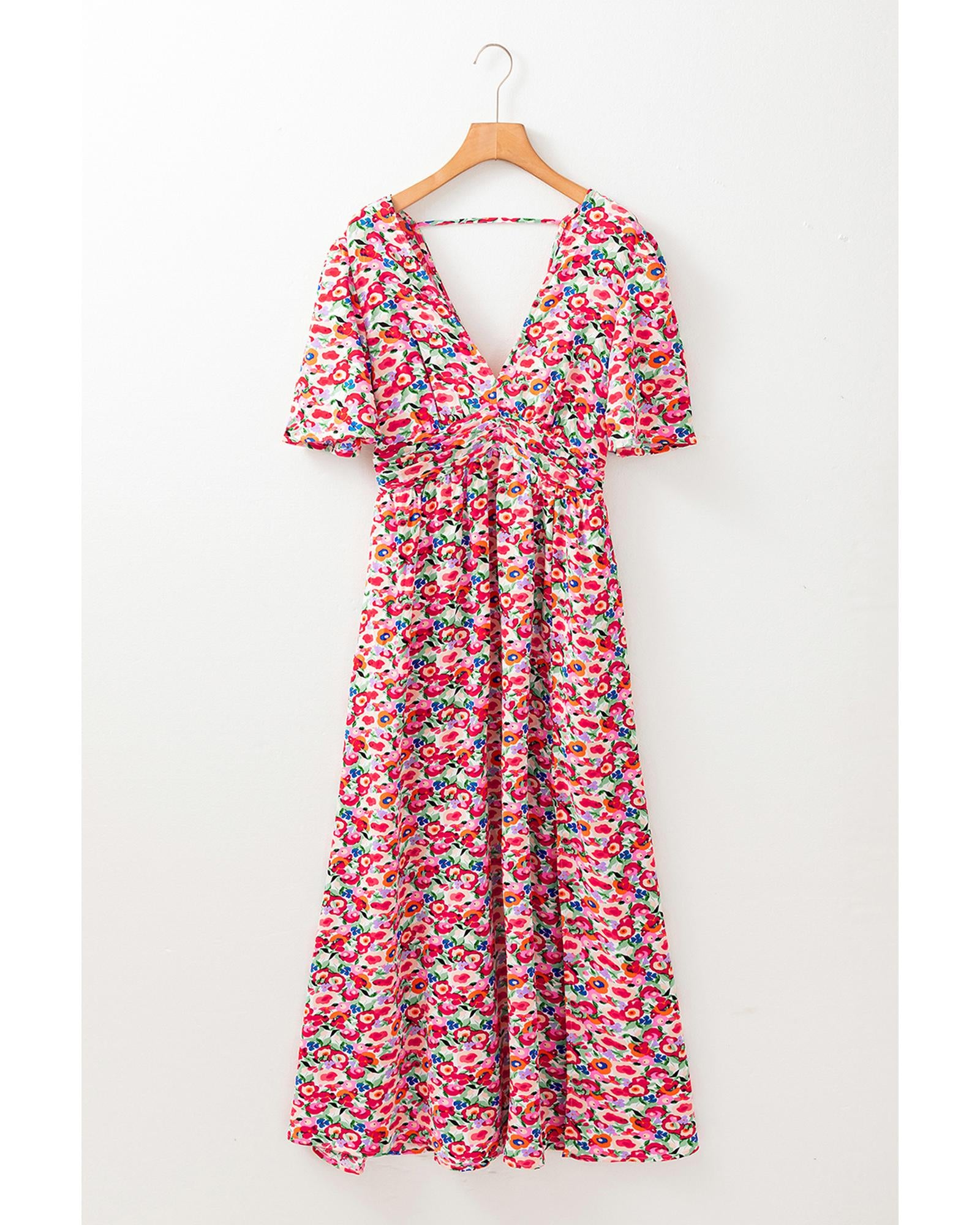 Red Floral Half Sleeve Deep V Neck Cutout Back Split Maxi Dress - S