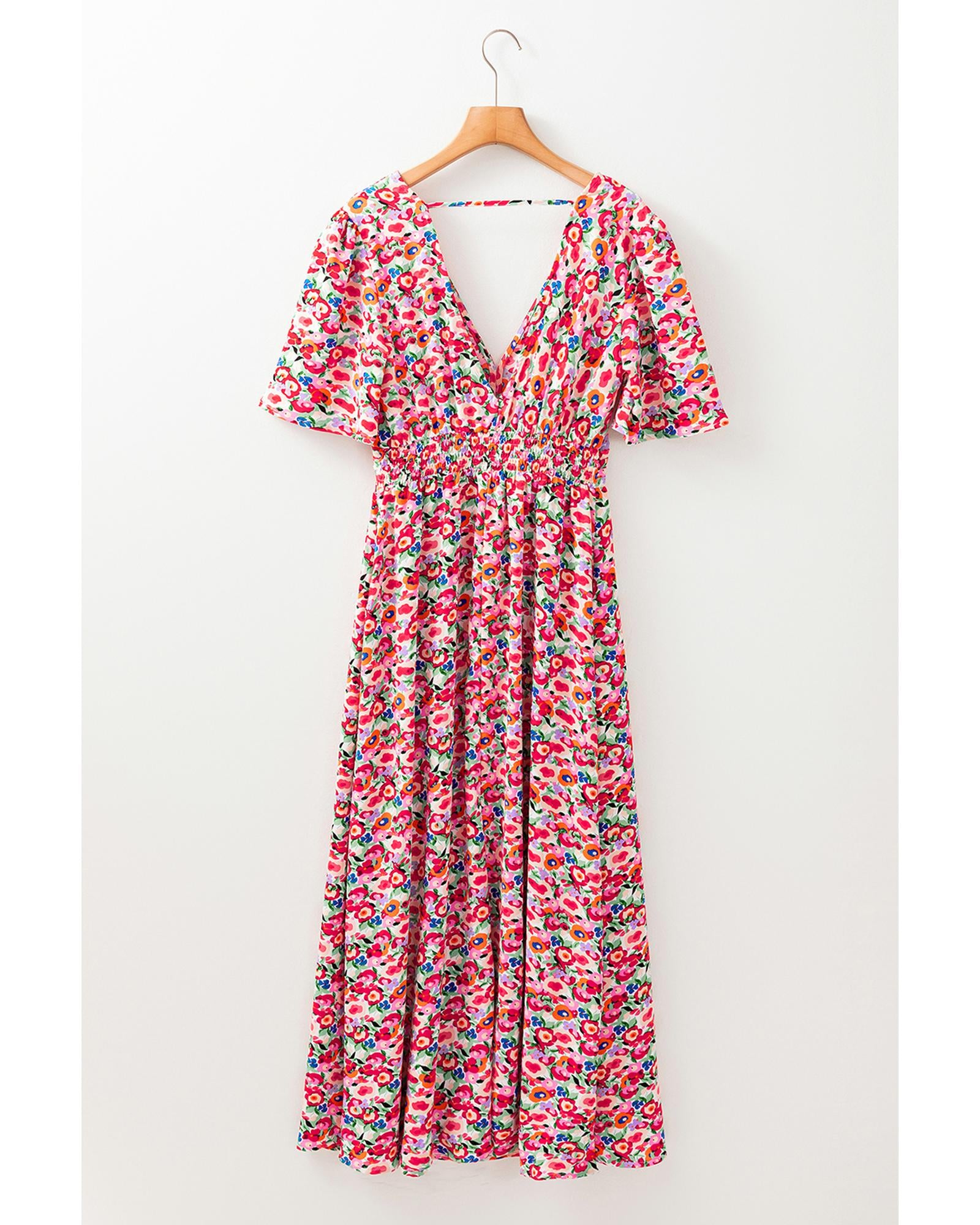 Red Floral Half Sleeve Deep V Neck Cutout Back Split Maxi Dress - S