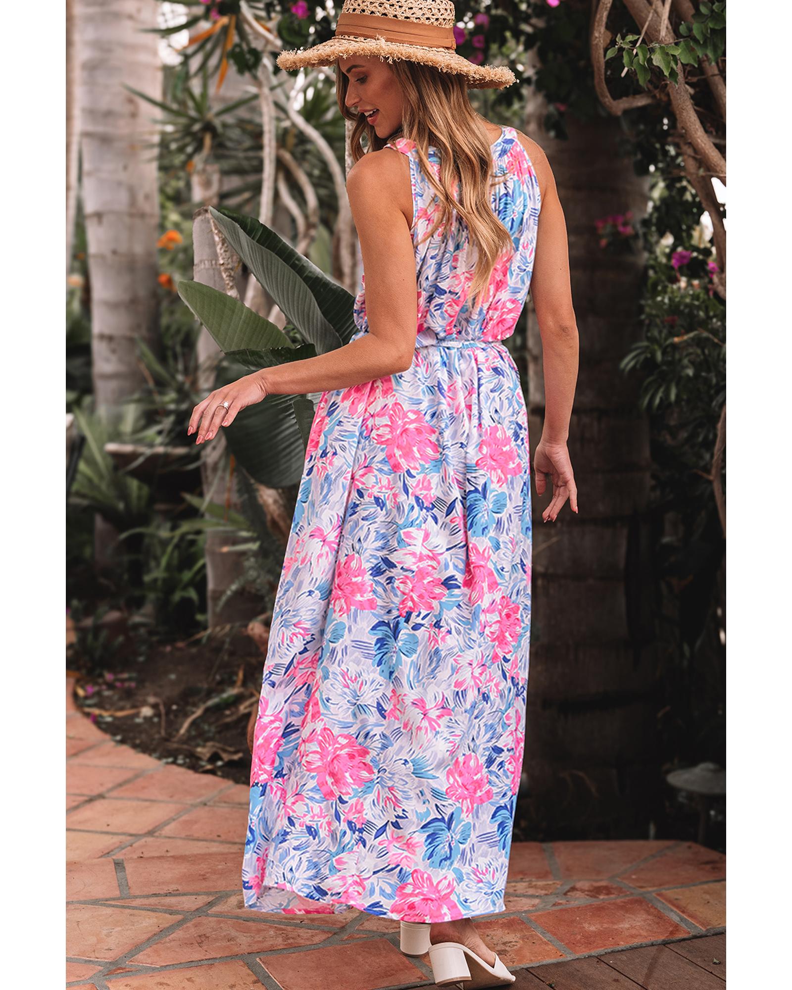 Sky Blue Floral Printed Sleeveless O Neck Knot Waist Maxi Dress - M