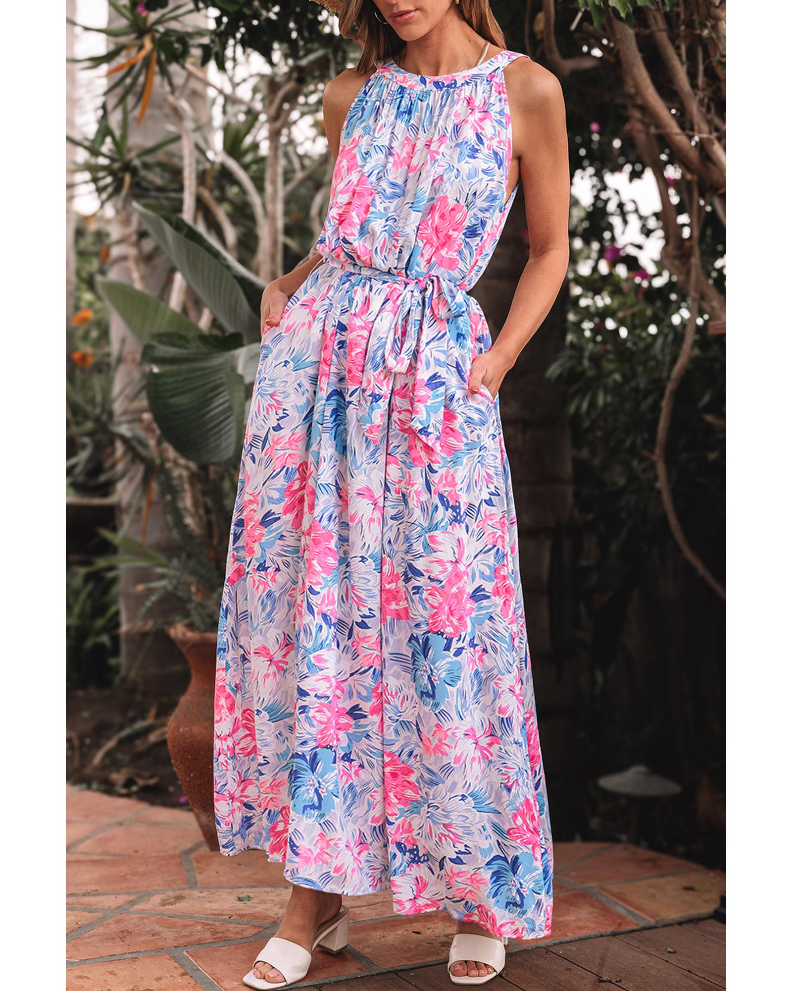 Sky Blue Floral Printed Sleeveless O Neck Knot Waist Maxi Dress - M