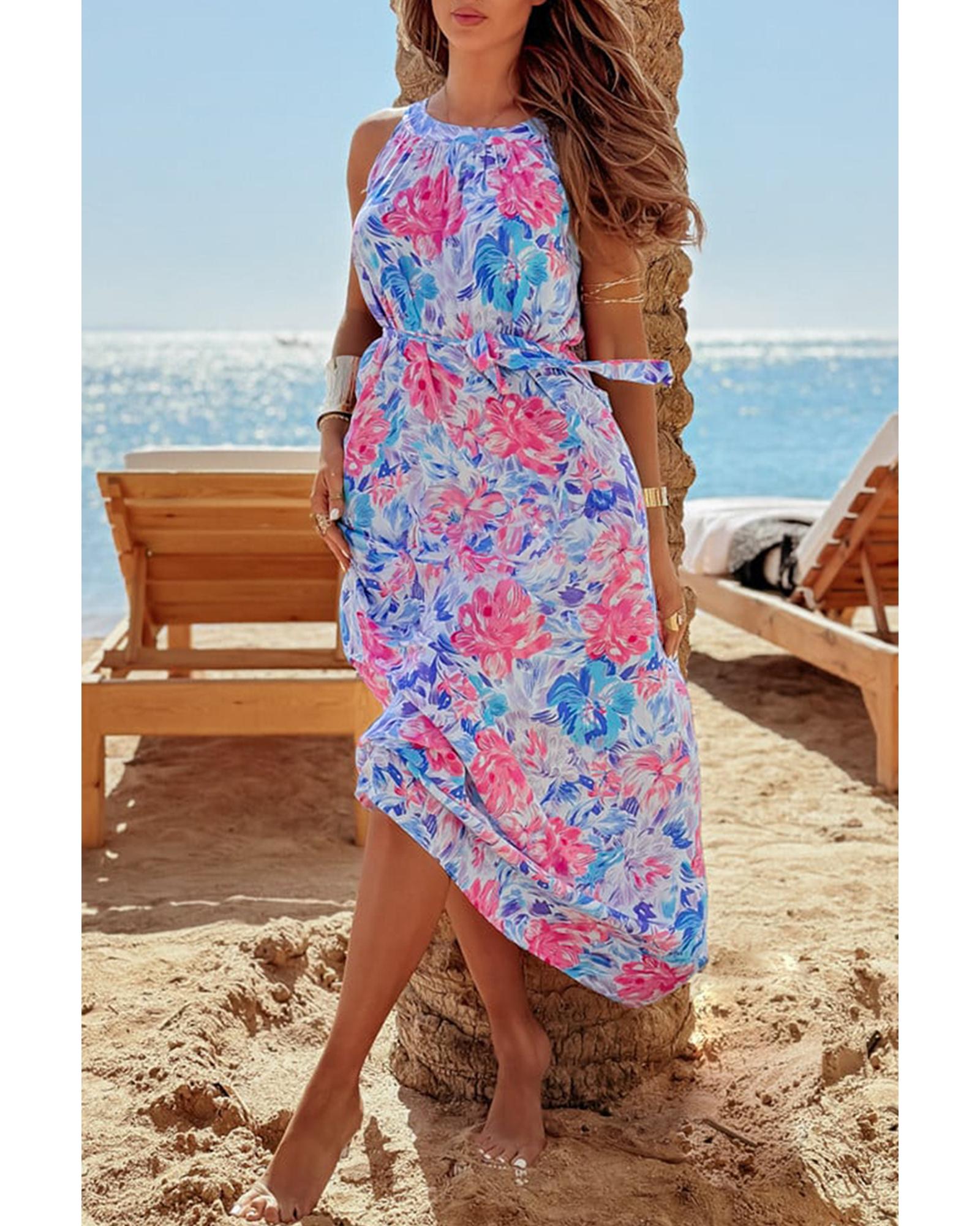 Sky Blue Floral Printed Sleeveless O Neck Knot Waist Maxi Dress - M
