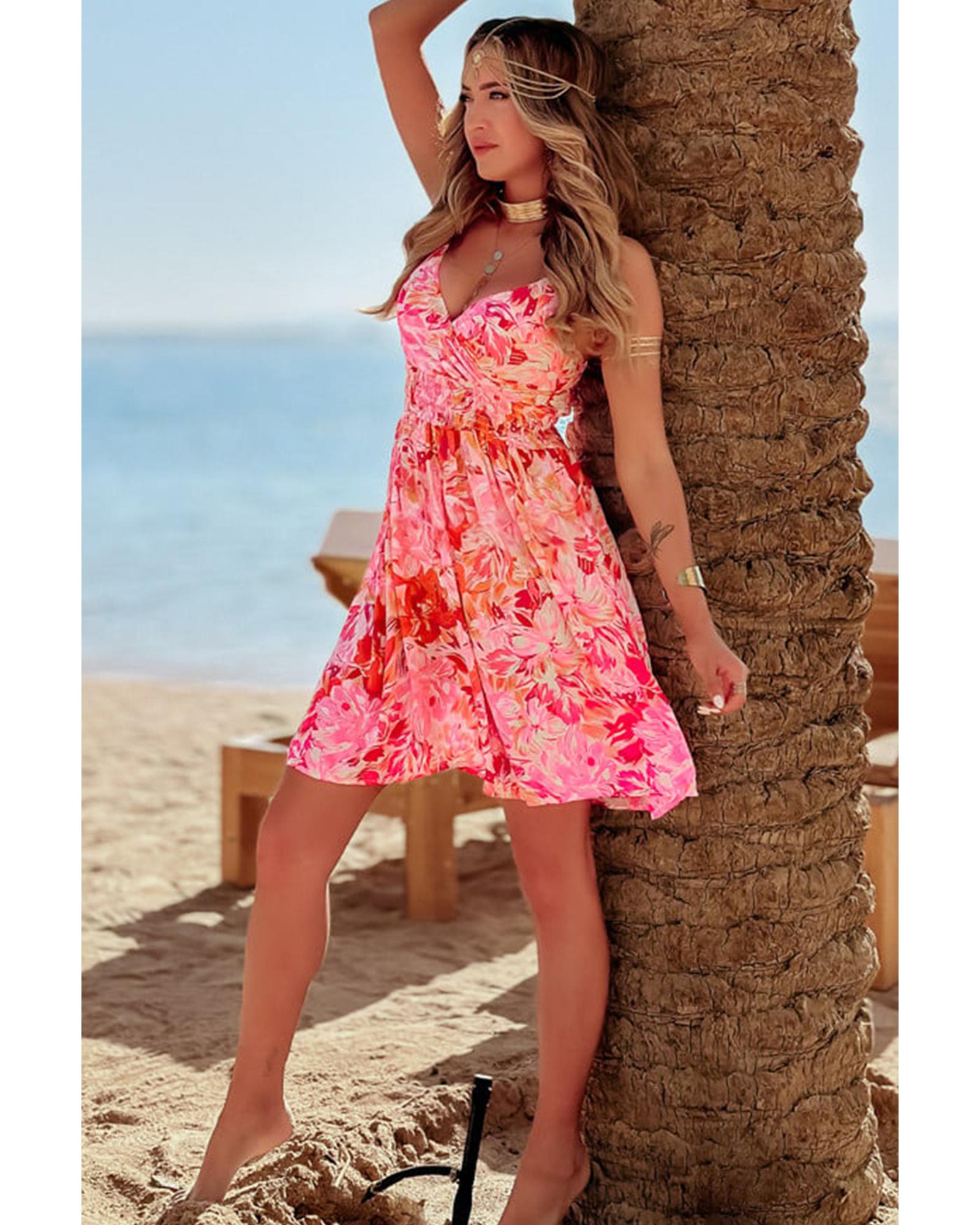 Red Floral Spaghetti Strap Surplice Neck Shirred Waist Mini Dress - M